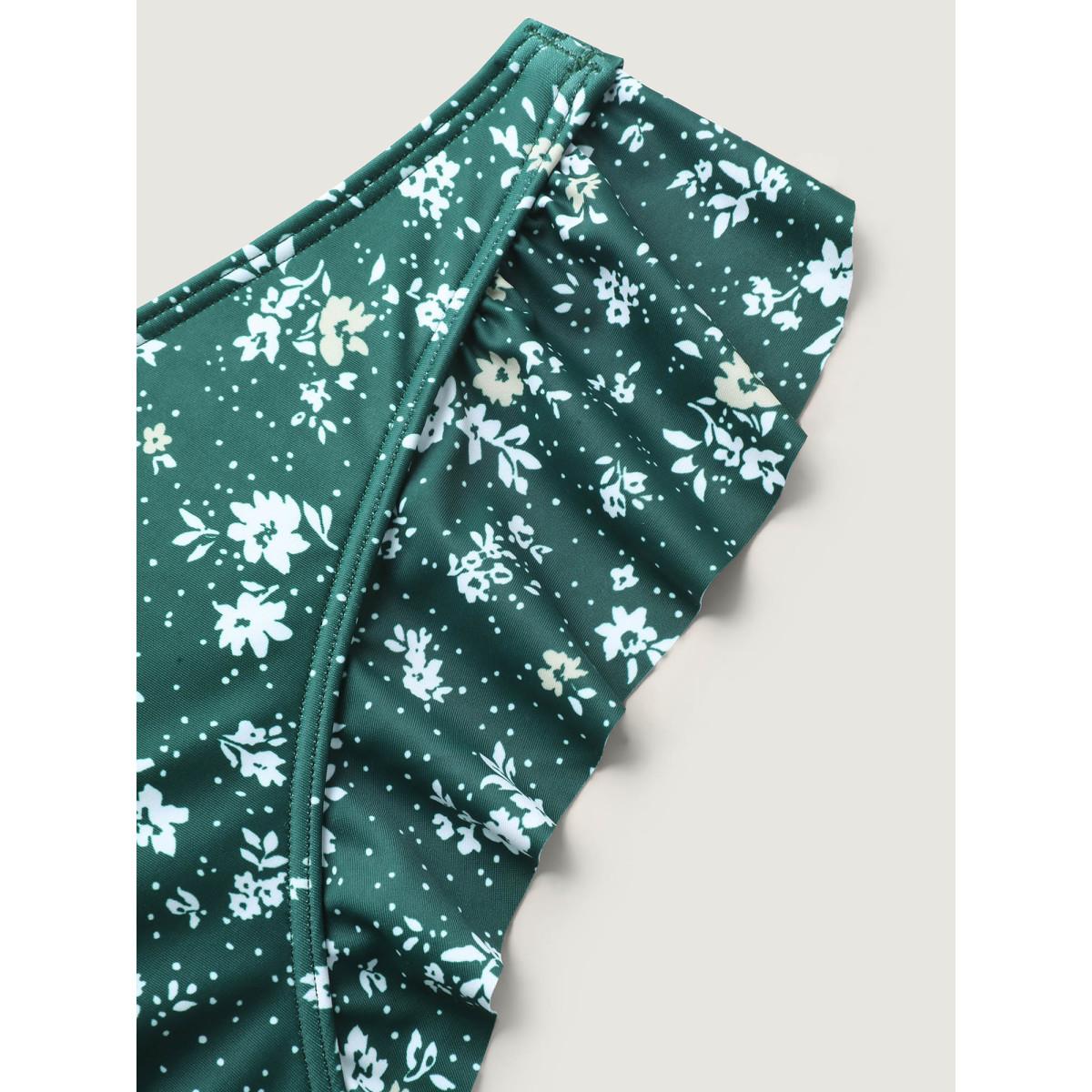 Plus Size Ditsy Floral Print Drawstring Swim Dress Women's Swimwear DarkGreen Resort Bodycon Overlap Collar High stretch Curve Swim Dresses BloomChic 10/M Product Image