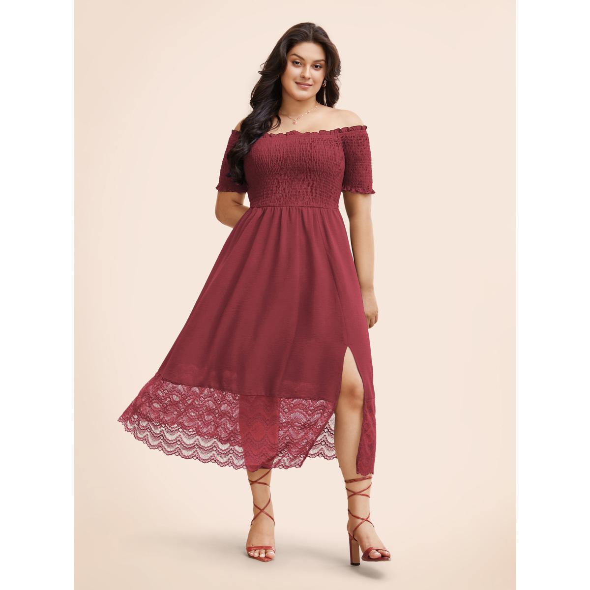 Plus Size Off Shoulder Shirred Lace Patchwork Dress Burgundy Women Elegant Woven ribbon&lace trim One-shoulder neck Short sleeve Curvy BloomChic 28/5X Product Image