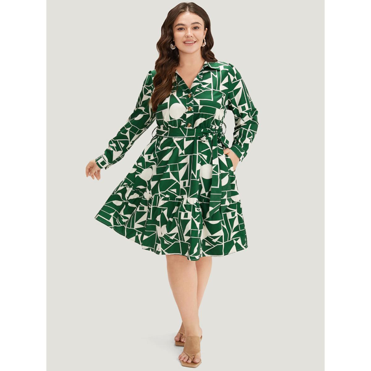 Plus Size Geometric Shirt Collar Belted Pocket Flutter Dress Green Women Office Belted Shirt collar Long Sleeve Curvy Midi Dress BloomChic 14-16/1X Product Image