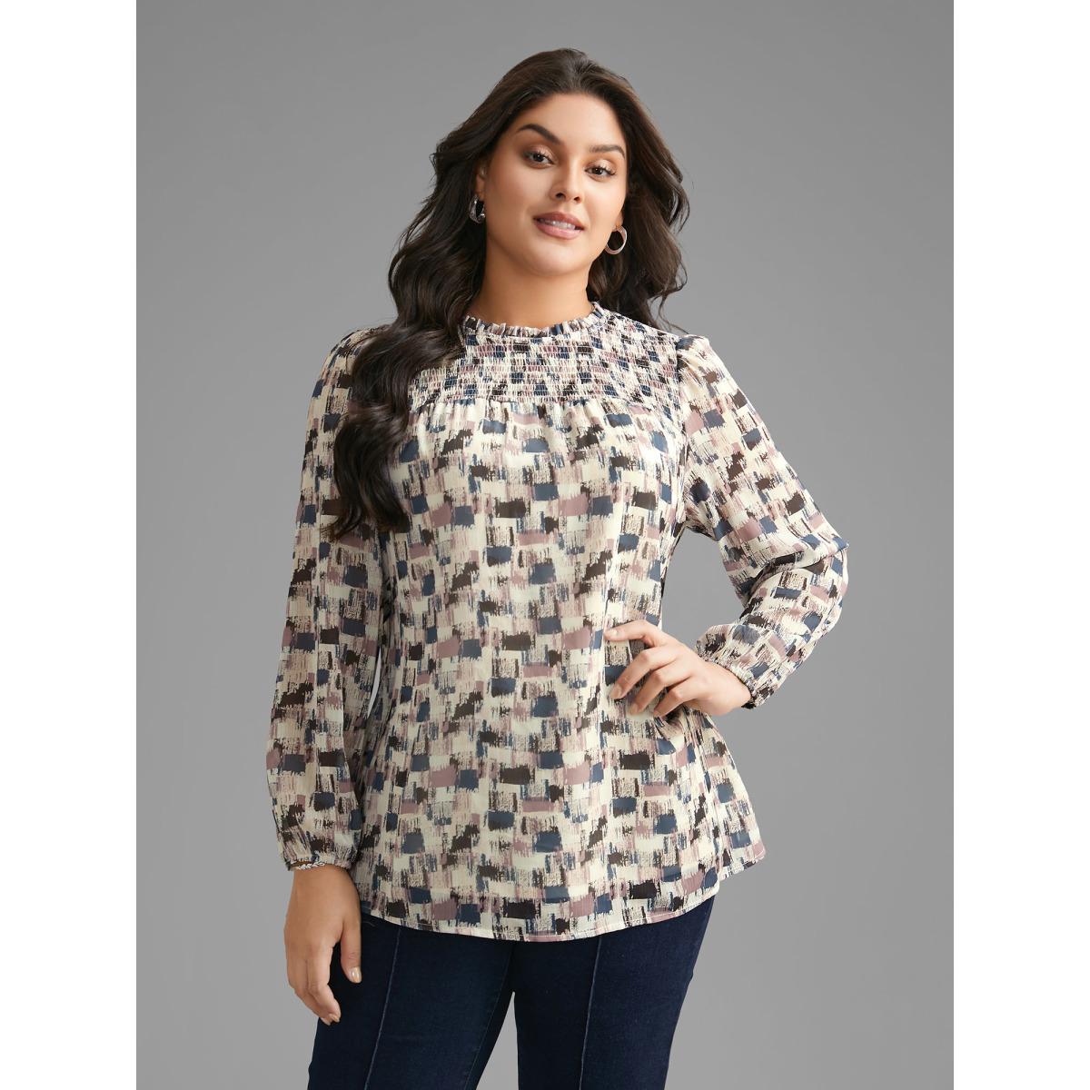 Plus Size Lilac Brush Print Shirred Ruffles Gathered Blouse Women Elegant Long Sleeve Mock Neck Everyday Blouses BloomChic 14-16/1X Product Image