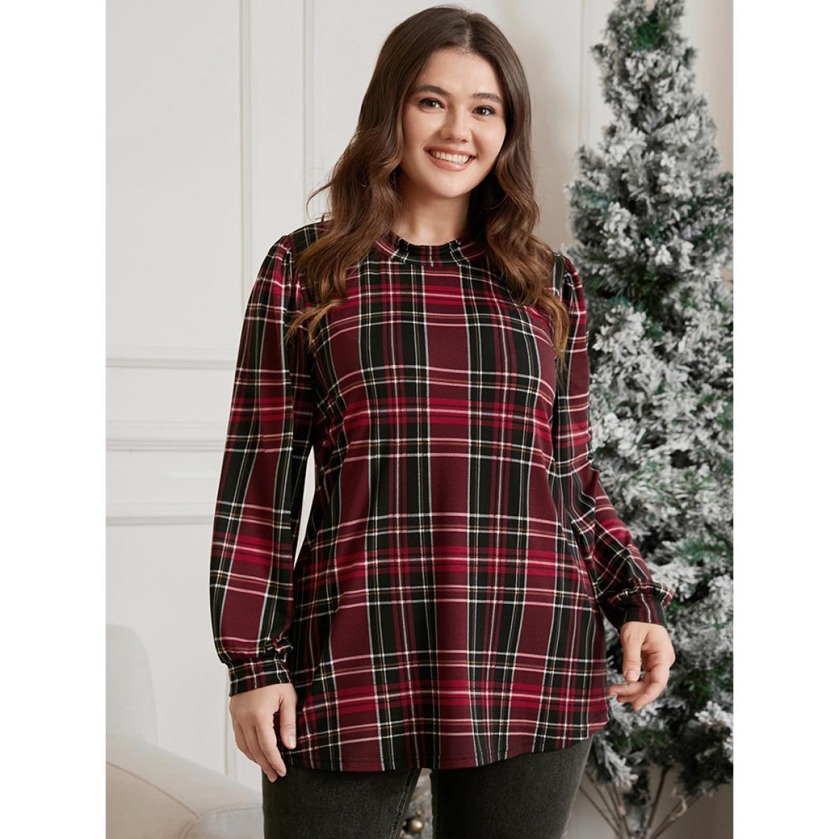 Plus Size Plaid Lantern Sleeve Mock Neck Long Tee Scarlet Women Elegant Printed Plaid Mock Neck Dailywear T-shirts BloomChic 26/4X Product Image