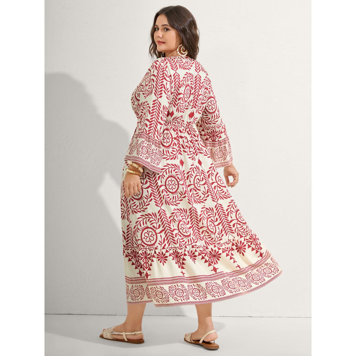 Plus Size Ornate Print Color Contrast Midi Dress Raspberry Women Tie knot Flat collar with V-notch Elbow-length sleeve Curvy BloomChic 30/6X Product Image