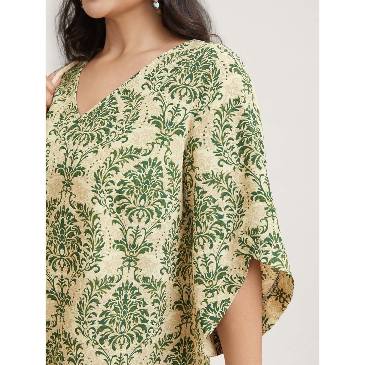 Plus Size Moss Damask Print Flared Sleeve V-Neck Shirt Women Boho Elbow-length sleeve V-neck Vacation Blouses BloomChic 12/L Product Image