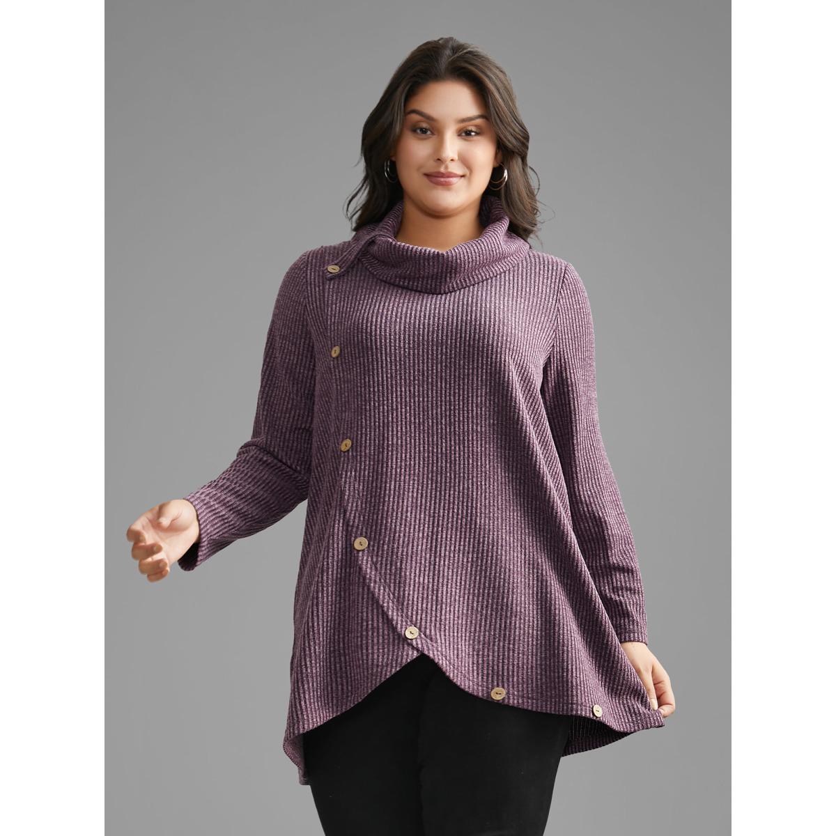Plus Size Rib Knit Button Detail Wrap Hem Sweatshirt Women Mauve Leisure Overlapping Loose Ruffled collar Casual Sweatshirts BloomChic 12/L Product Image