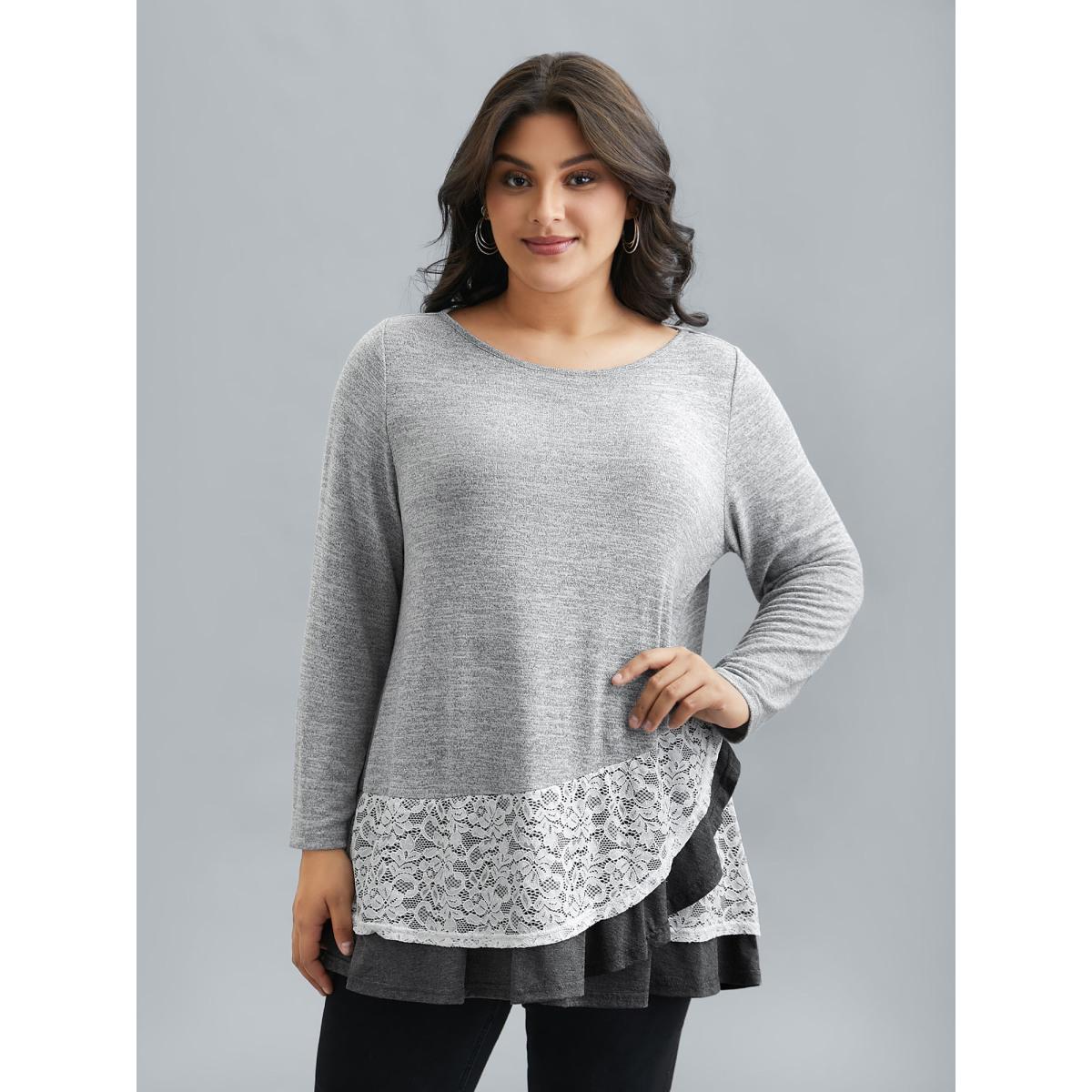 Plus Size Lace Overlap Hem Round Neck T-Shirt LightGray Women Casual Overlapping Round Neck Everyday T-shirts BloomChic 12/L Product Image