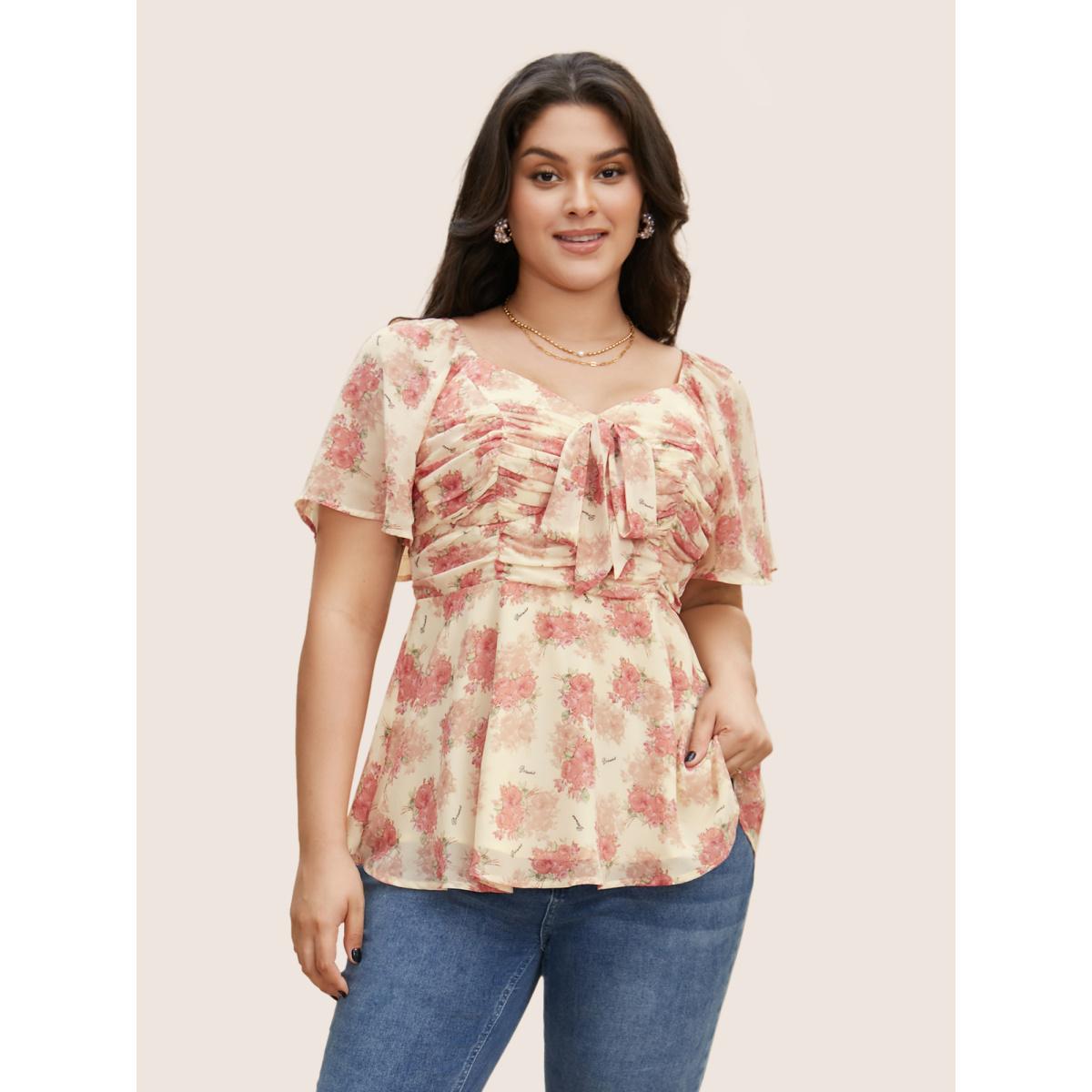 Plus Size Blush Heart Neckline Floral Tie Knot Ruched Blouse Women Elegant Short sleeve Heart neckline Everyday Blouses BloomChic 18-20/2X Product Image
