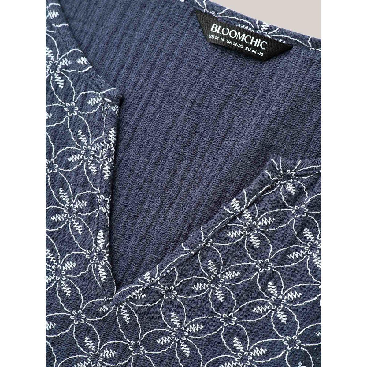 Plus Size Indigo Cotton Geometric Print Puff Sleeve Babydoll Top Women Boho Short sleeve Notched collar Vacation Blouses BloomChic 14-16/1X Product Image