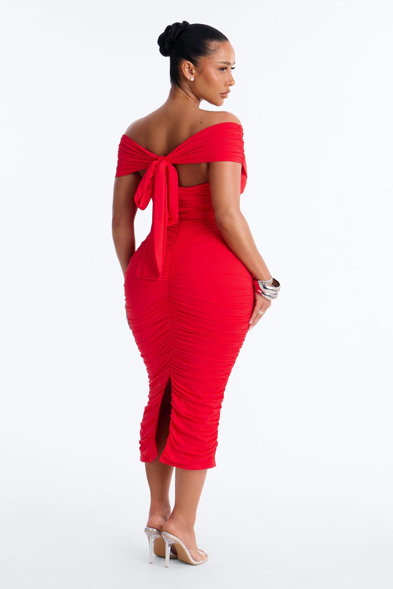 Thea Ruched Off Shoulder Midi Dress - Red Female Product Image