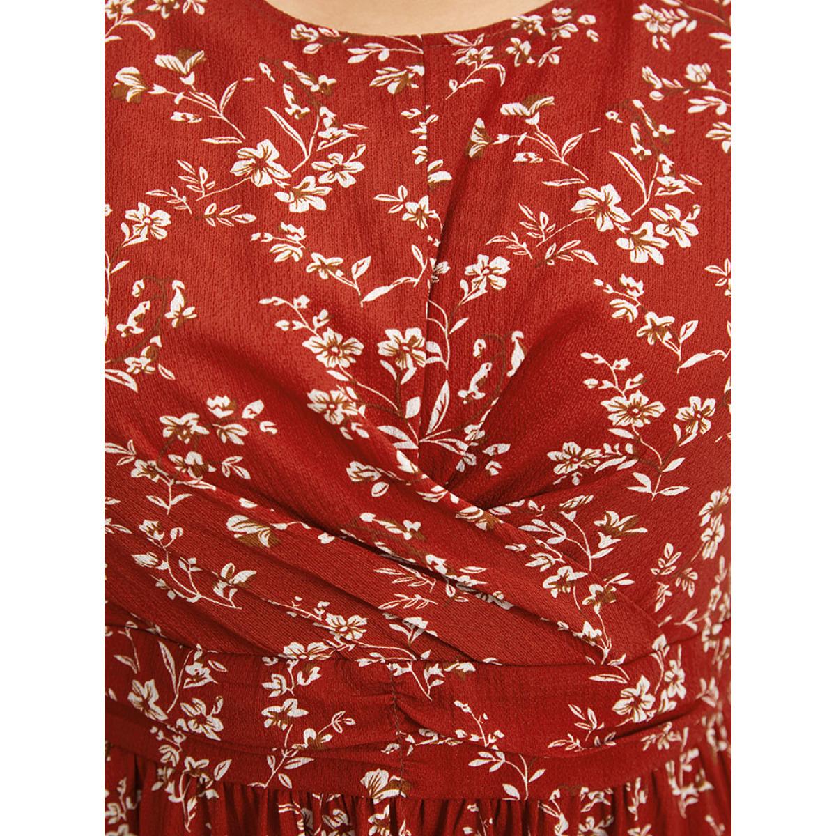Plus Size Ditsy Floral Crossover Crew Neck Pocket Sleeveless Dress Red Women Elegant Printed Round Neck Sleeveless Curvy Midi Dress BloomChic 14-16/1X Product Image