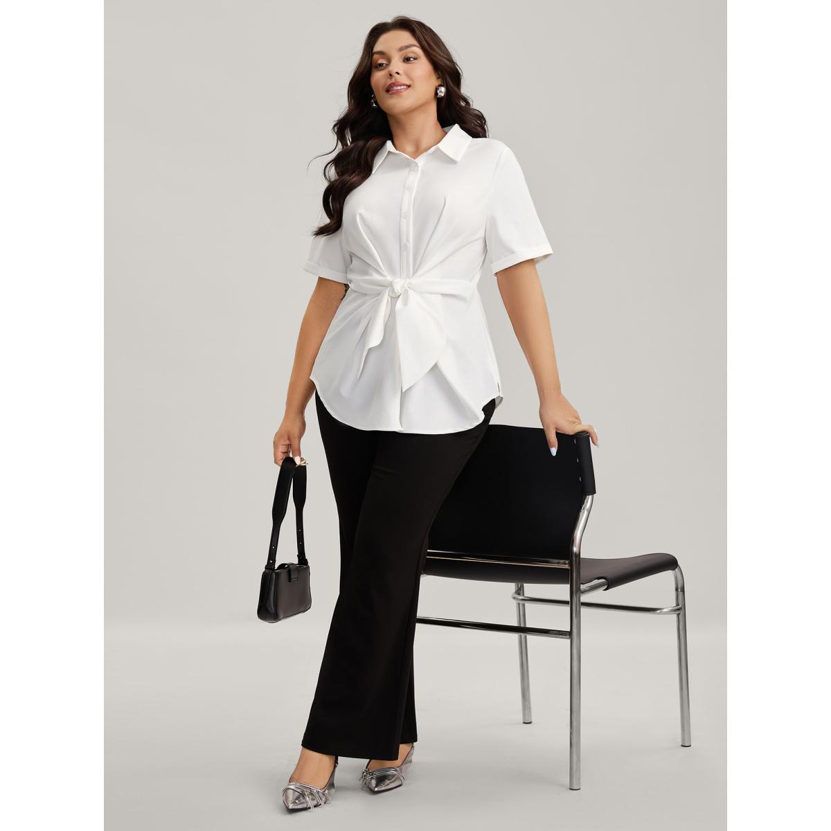Plus Size Originalwhite Knotted Front Asymmetrical Hem Blouse Women Office Short sleeve Shirt collar Office Blouses BloomChic 12/L Product Image