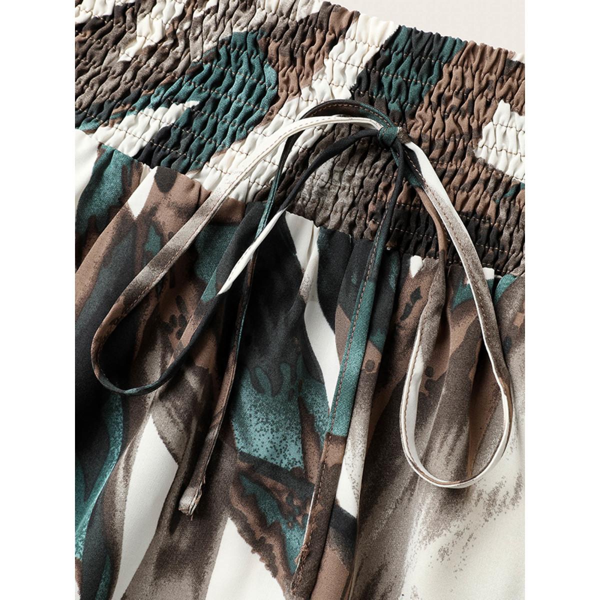 Plus Size Brushstroke Print Stretchy Waist Midi Skirt Women Apricot Office No stretch Side seam pocket Office Skirts BloomChic 12/L Product Image