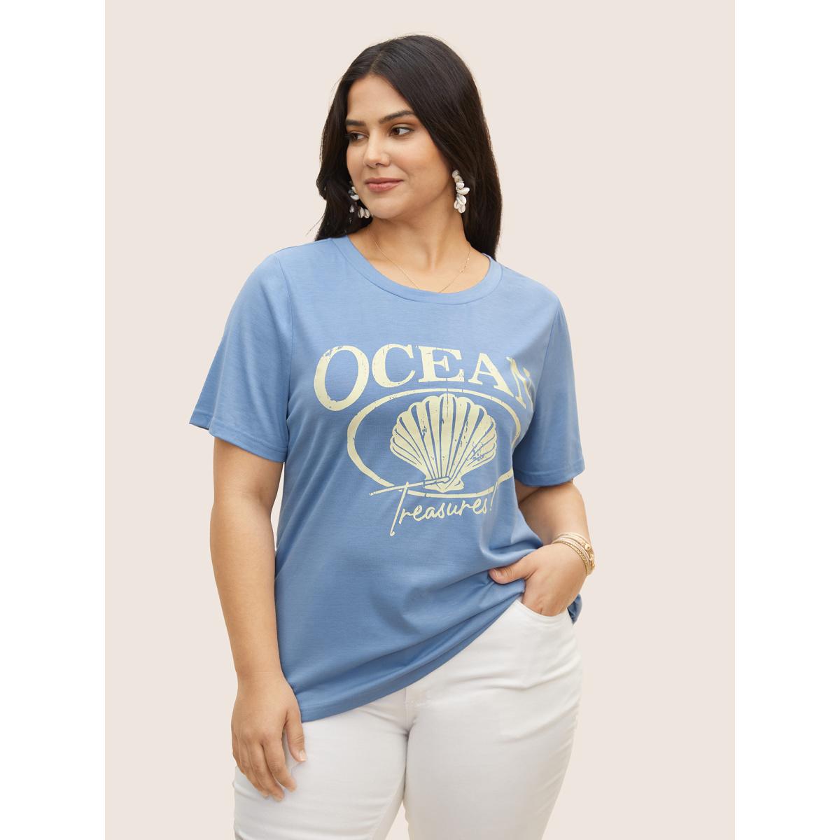 Plus Size Round Neck Sea Shells Print T-shirt Stone Women Resort Contrast Marine Round Neck Vacation T-shirts BloomChic 10/M Product Image