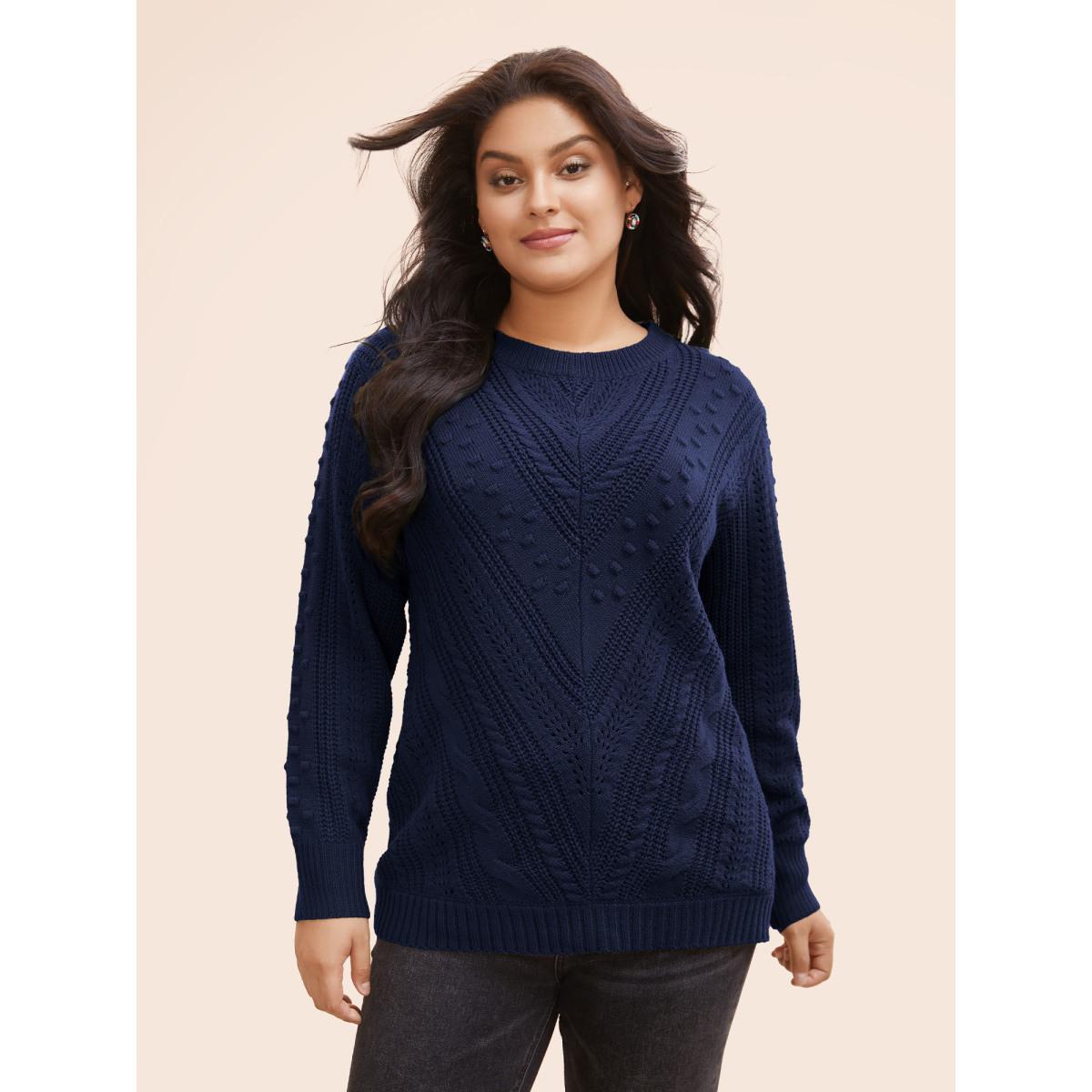 Plus Size Solid Round Neck Cable Knit Pullover Indigo Women Leisure Long Sleeve Round Neck Casual Pullovers BloomChic 18-20/2X Product Image