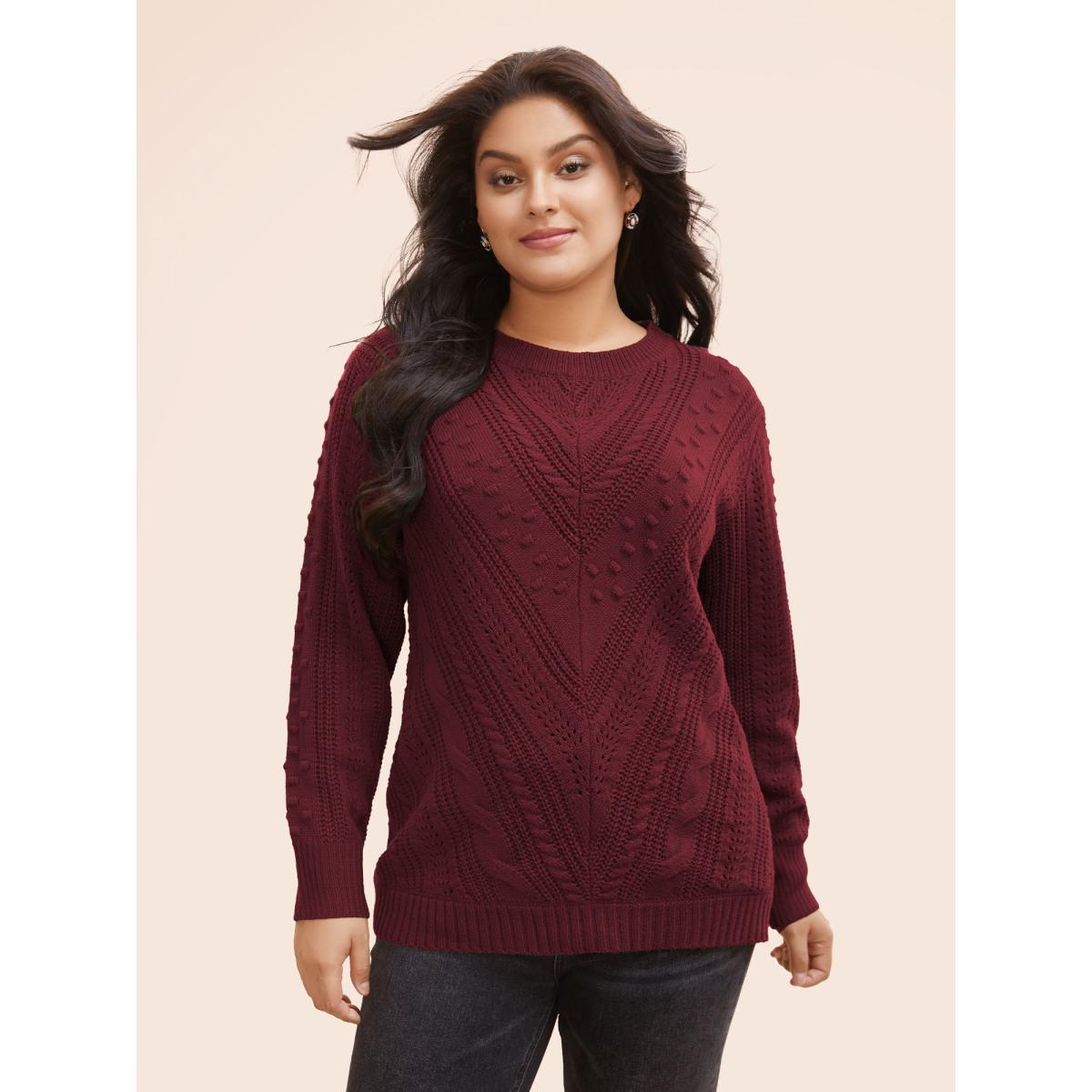 Plus Size Solid Round Neck Cable Knit Pullover Scarlet Women Casual Long Sleeve Round Neck Everyday Pullovers BloomChic 22-24/3X Product Image