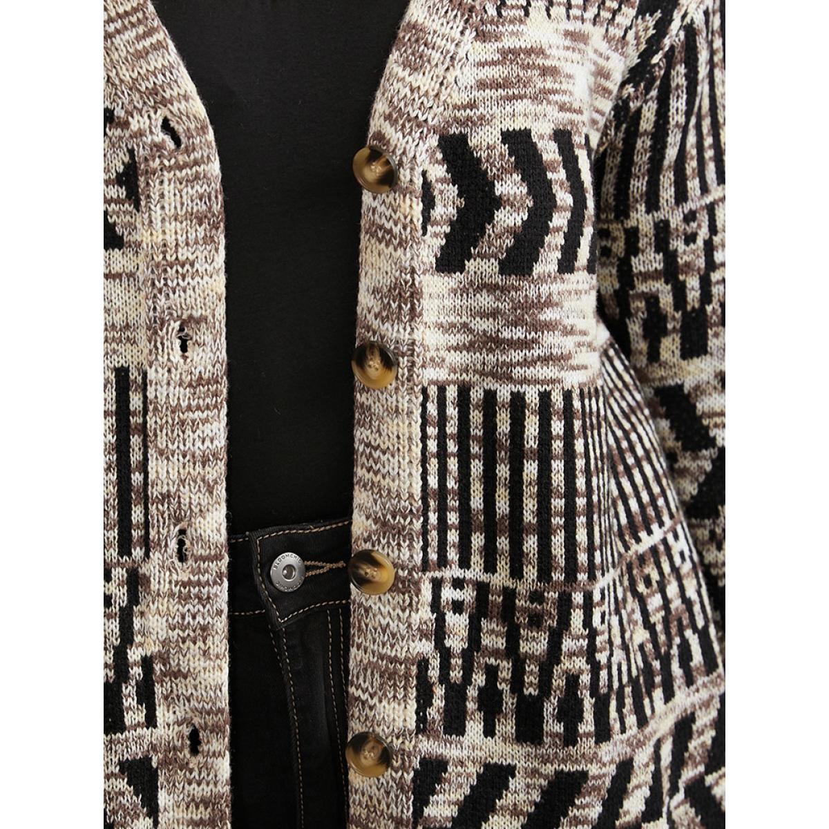 Plus Size Geometric Heather Button Up Elastic Cuffs Cardigan DarkBrown Women Casual Loose Long Sleeve Dailywear Cardigans BloomChic 22-24/3X Product Image