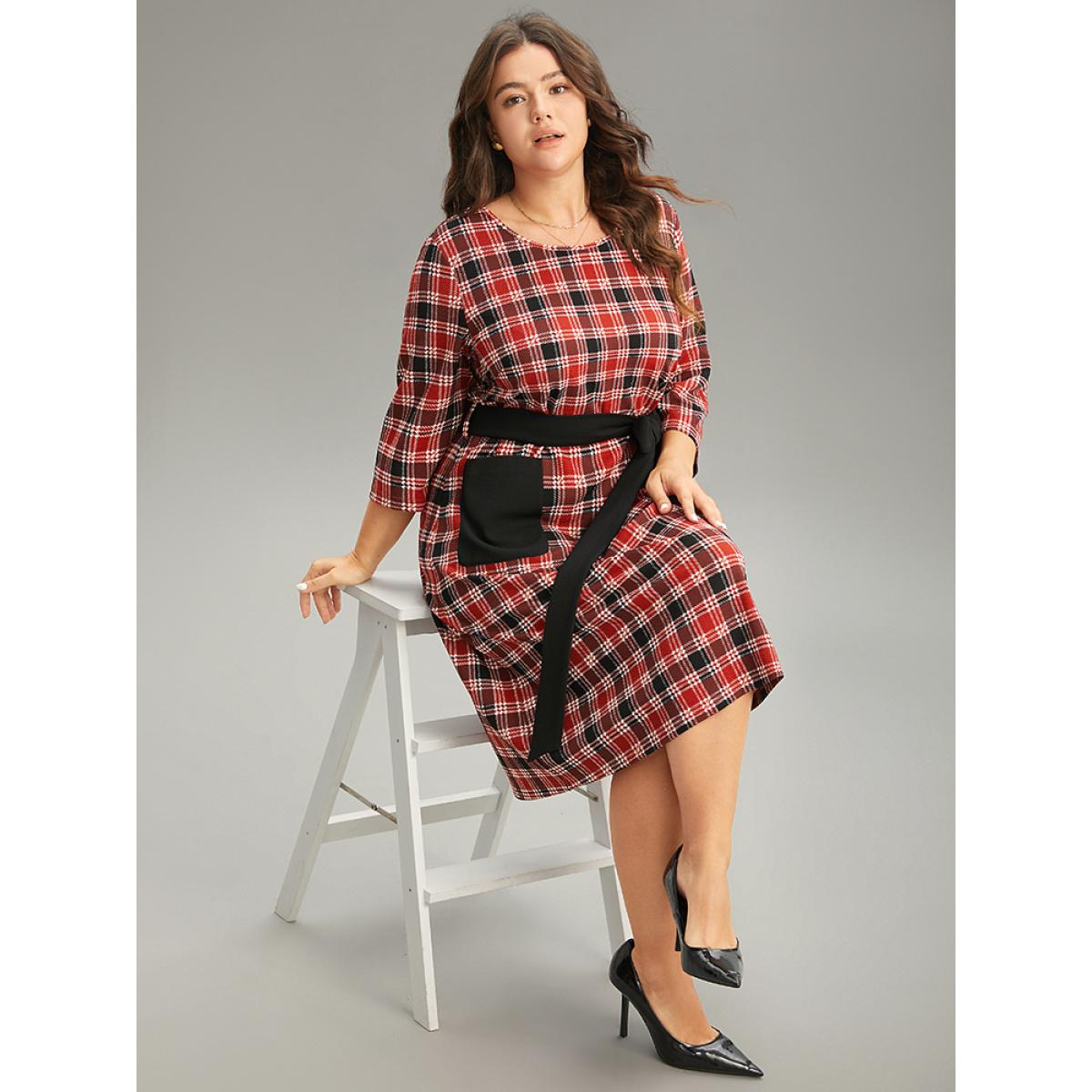 Plus Size Christmas Plaid Belted Patched Pocket Dress Crimson Women Office Belted Round Neck Elbow-length sleeve Curvy Midi Dress BloomChic 18-20/2X Product Image