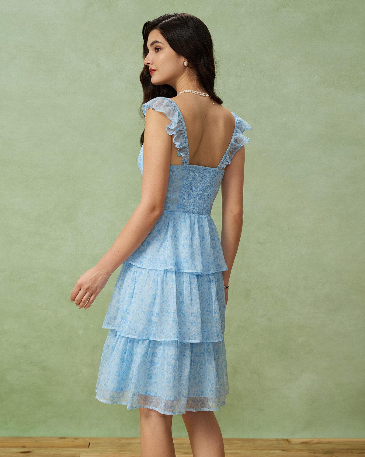 Blue Sweetheart Neck Tiered Midi Dress Product Image