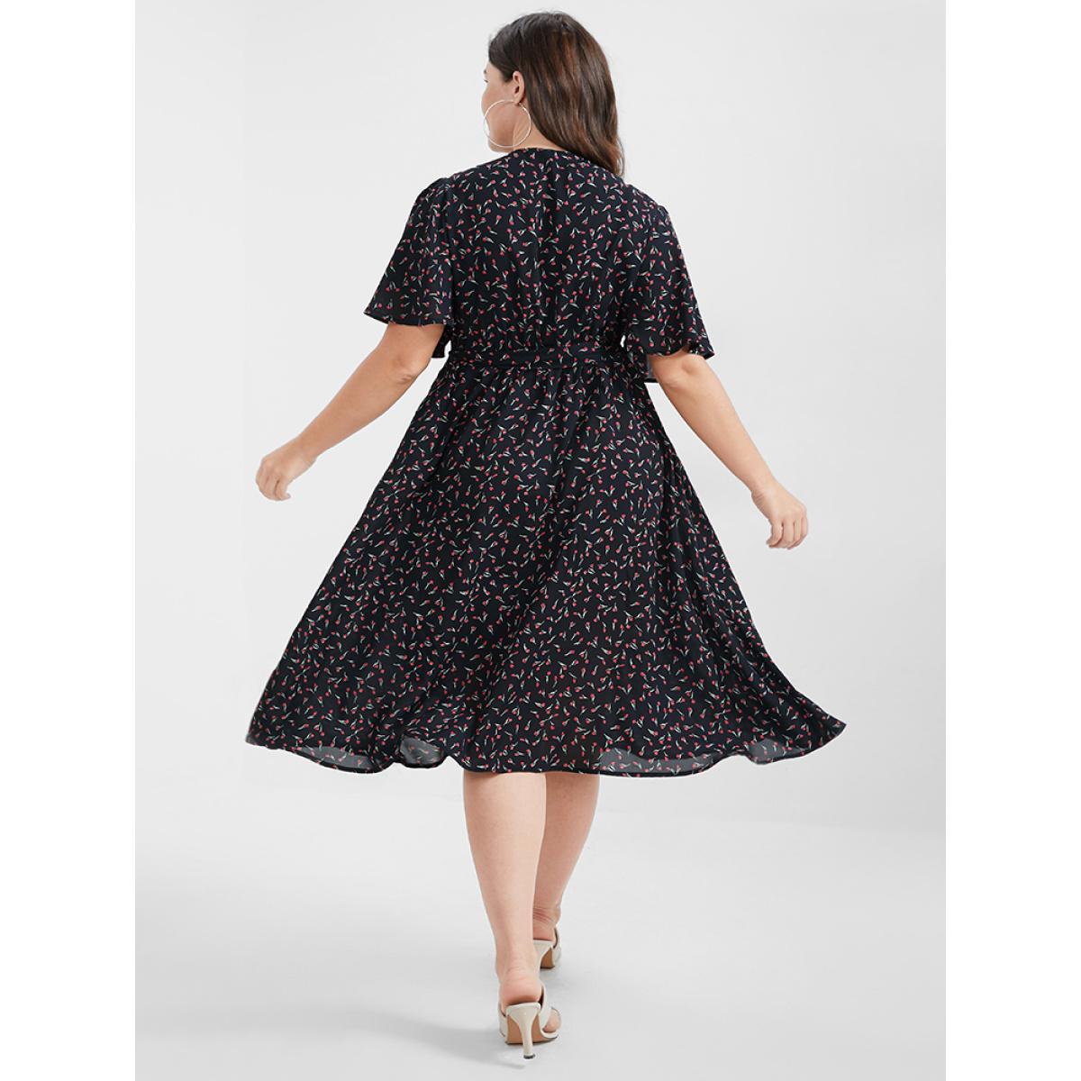 Plus Size Ditsy Floral Knotted Ruffled Split Midi Dress BlackFlower Women Elegant Wrap V-neck Short sleeve Curvy Midi Dress BloomChic 30/6X Product Image