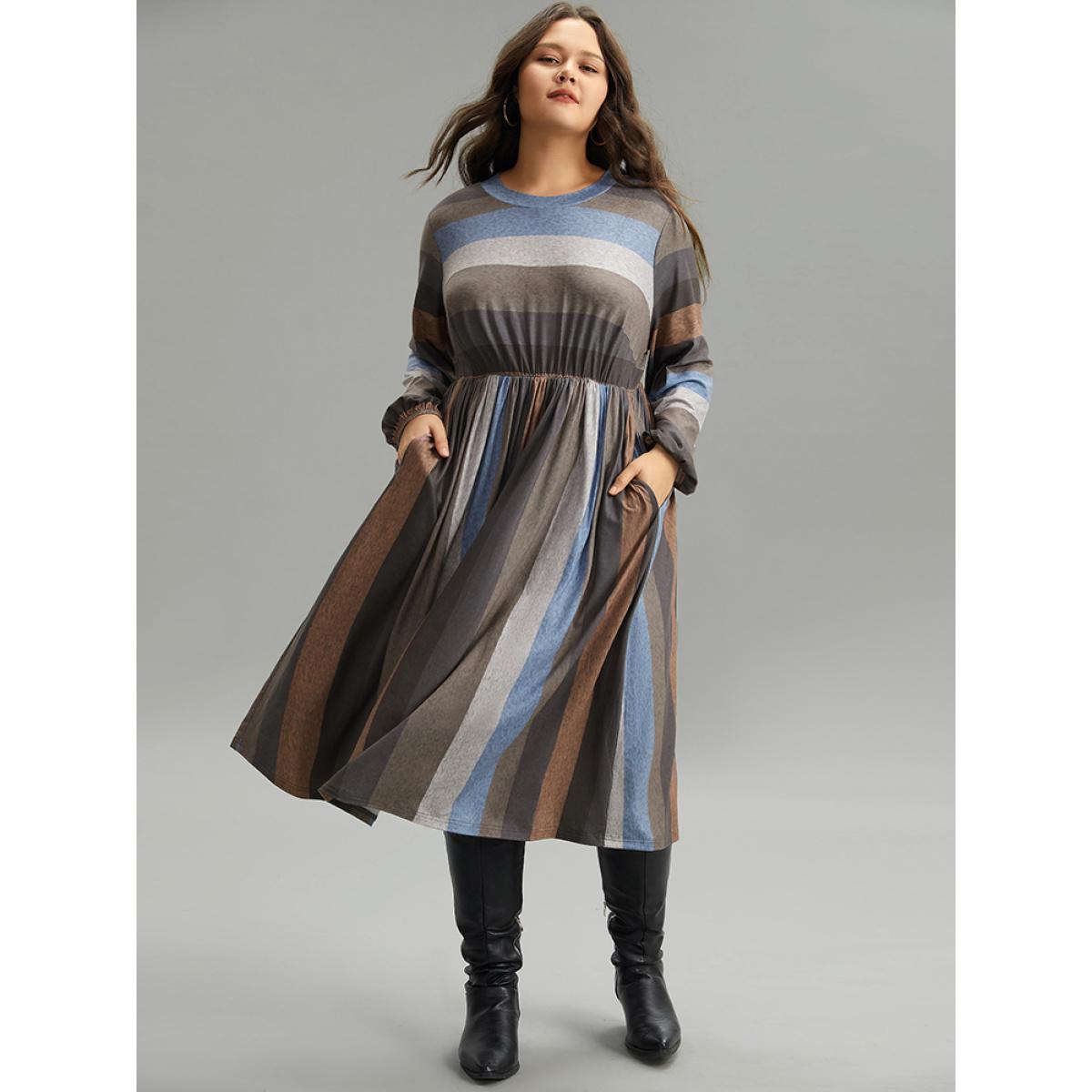 Plus Size Striped Colorblock Contrast Lantern Sleeve Dress Multicolor Women Casual Elastic cuffs Round Neck Long Sleeve Curvy Midi Dress BloomChic 14-16/1X Product Image