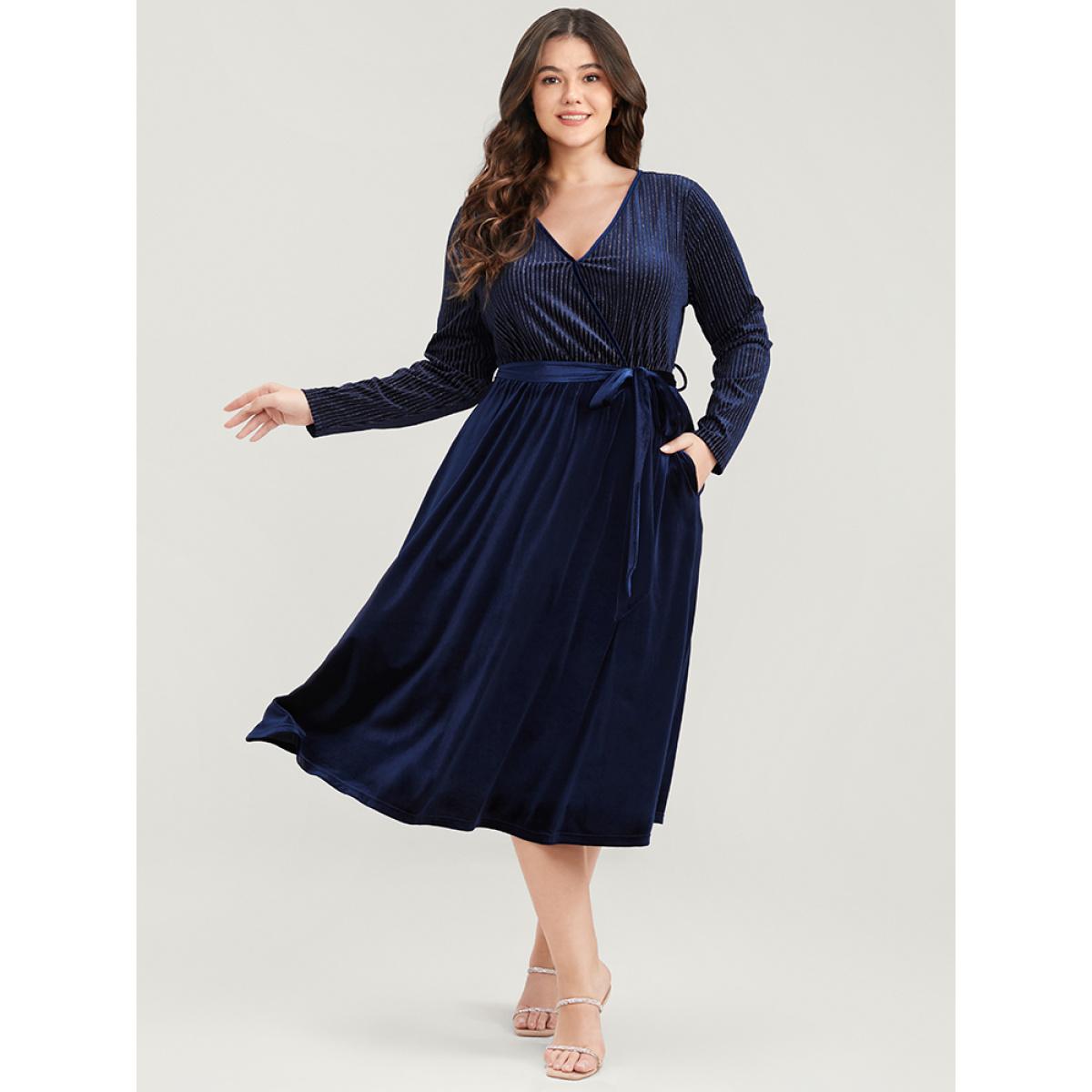 Plus Size Glitter Striped Patchwork Surplice Neck Pocket Belted Velvet Dress Indigo Women Party Belted V-neck Long Sleeve Curvy Midi Dress BloomChic 10/M Product Image