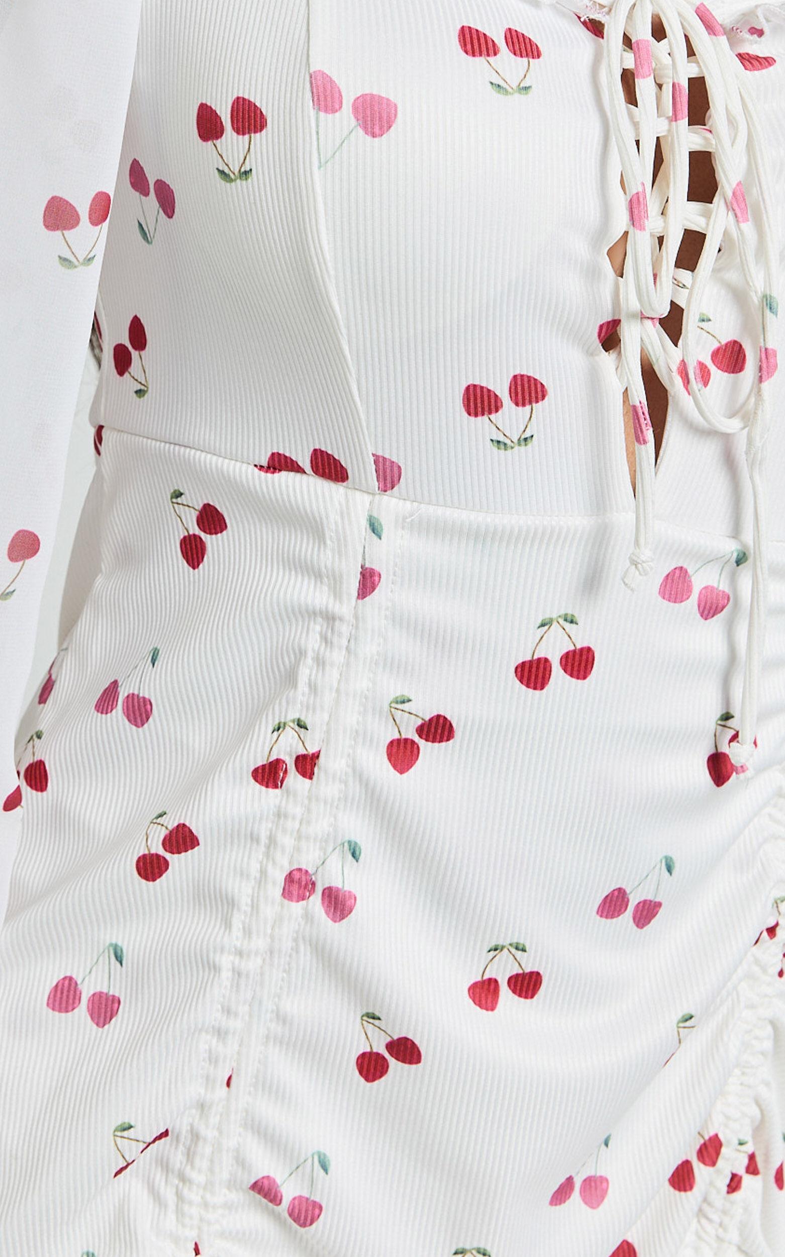 Francia Mini Dress - Long Sleeve Gathered Frill Hem Detail Dress in Cherry Print Product Image