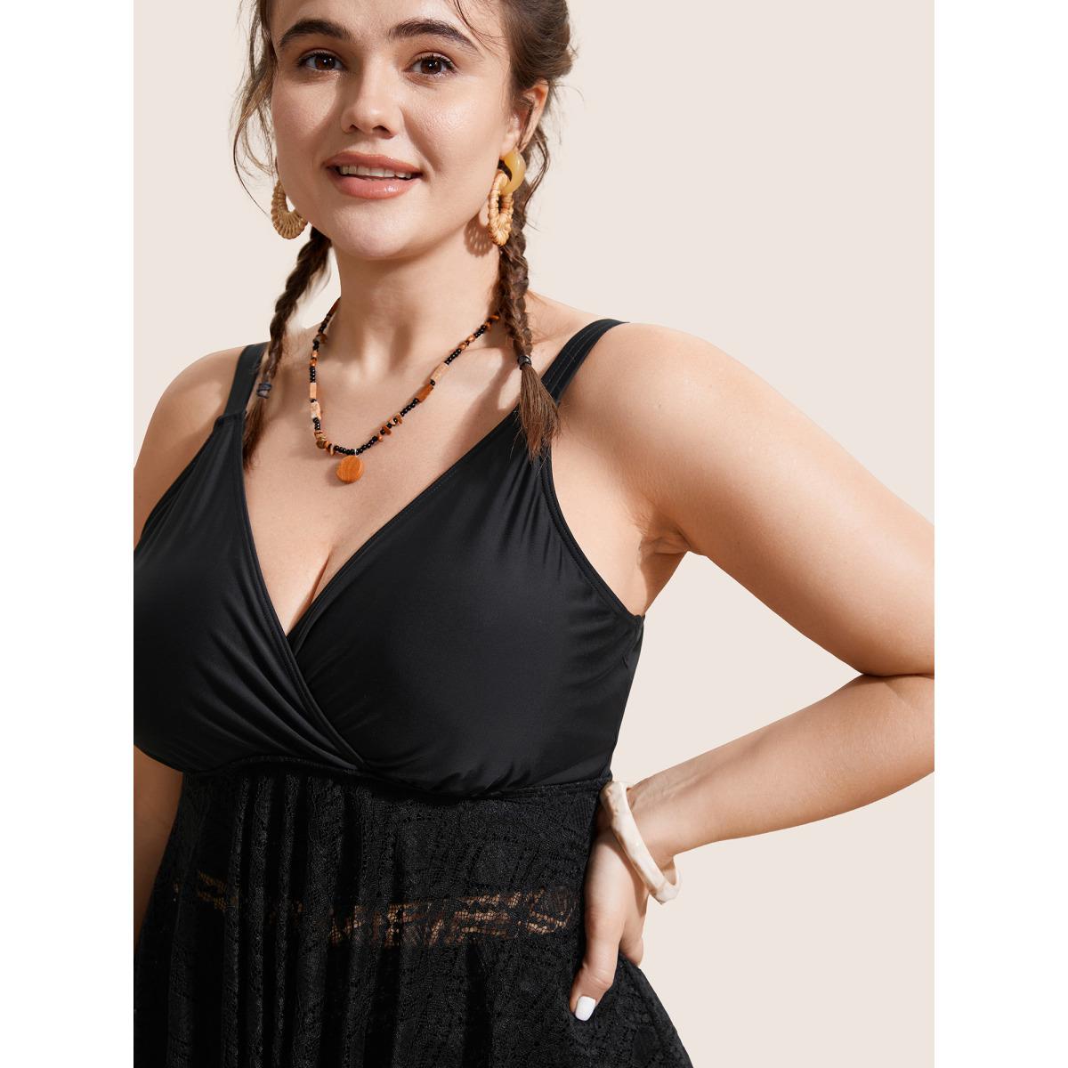 Plus Size V Neck Crochet Lace Mesh Swim Top Women's Swimwear Black Beach Texture High stretch Bodycon Overlap Collar Curve Swim Tops BloomChic 18-20/2X Product Image
