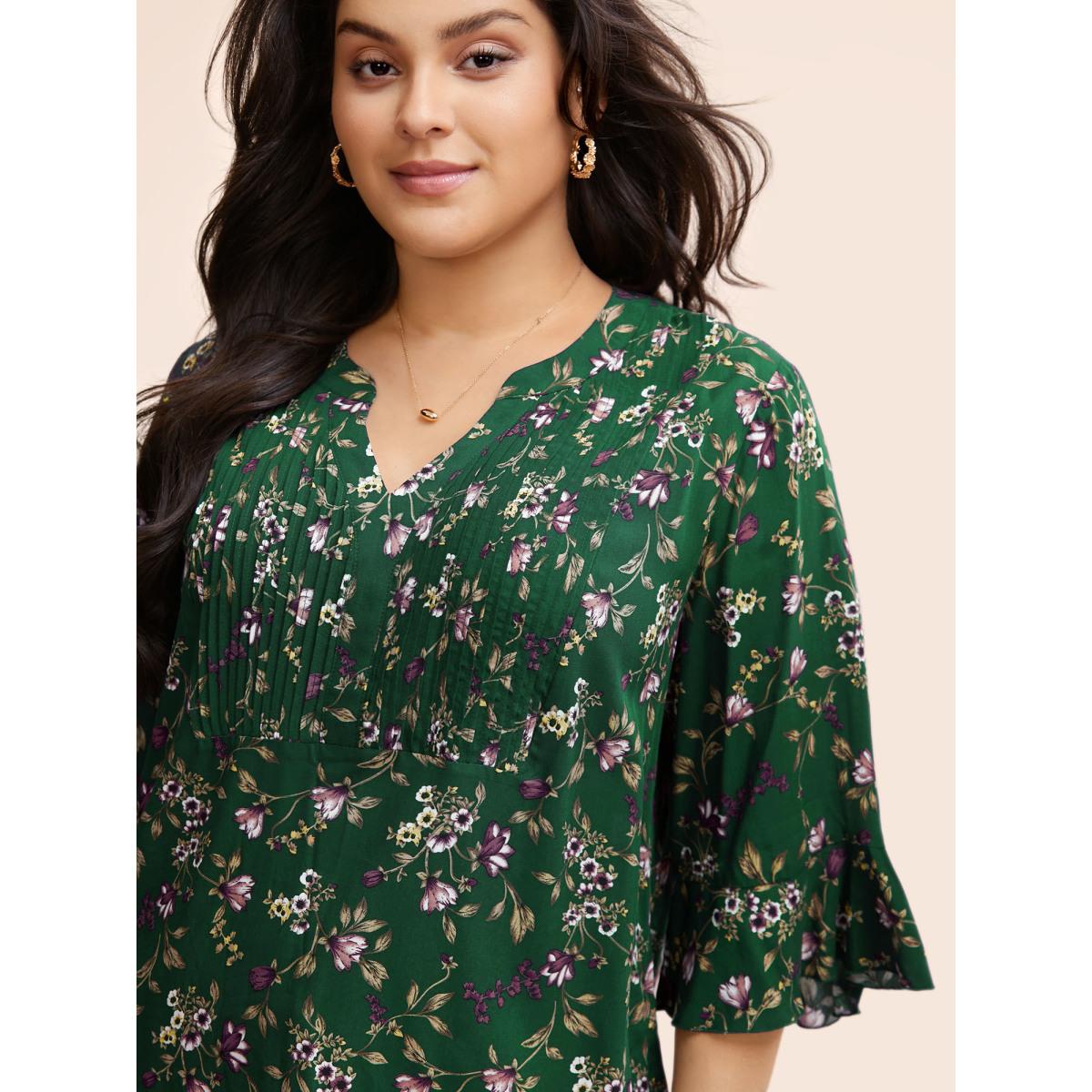 Plus Size DarkGreen Ditsy Floral Pleated Flutter Sleeve Blouse Women Elegant Elbow-length sleeve Flat collar with V-notch Everyday Blouses BloomChic 10/M Product Image
