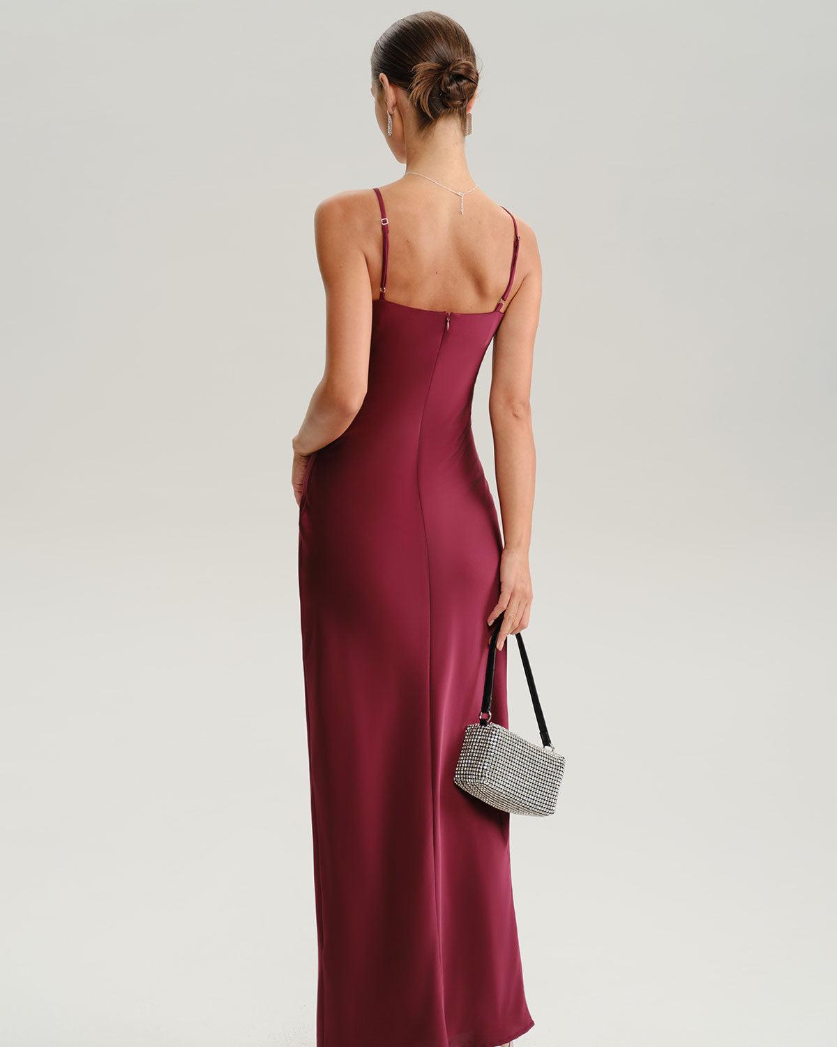 Wine Red Ruched V Neck Slip Maxi Dress Product Image