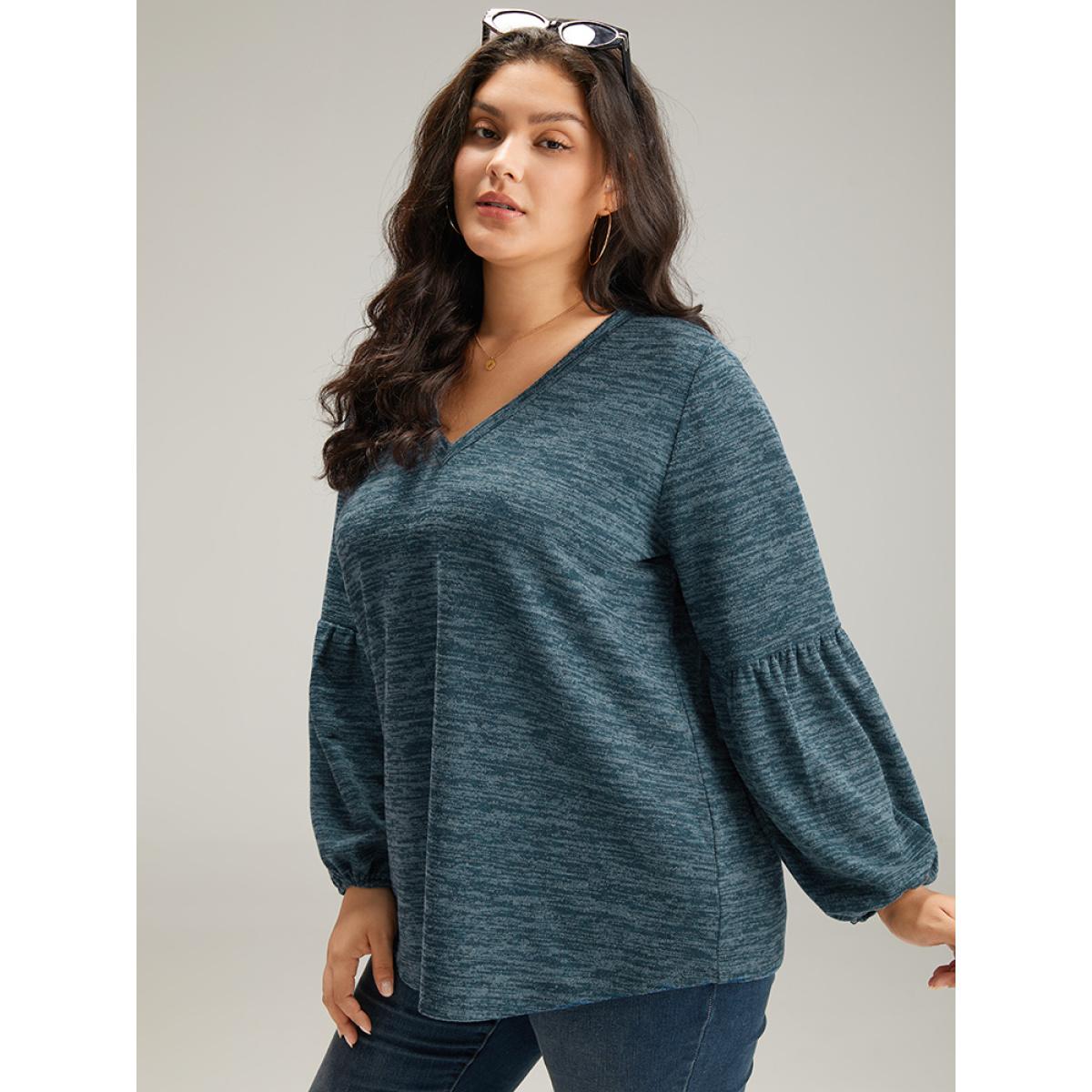 Plus Size Heather V Neck Lantern Sleeve Sweatshirt Women Cyan Casual Elastic cuffs V-neck Dailywear Sweatshirts BloomChic 10/M Product Image