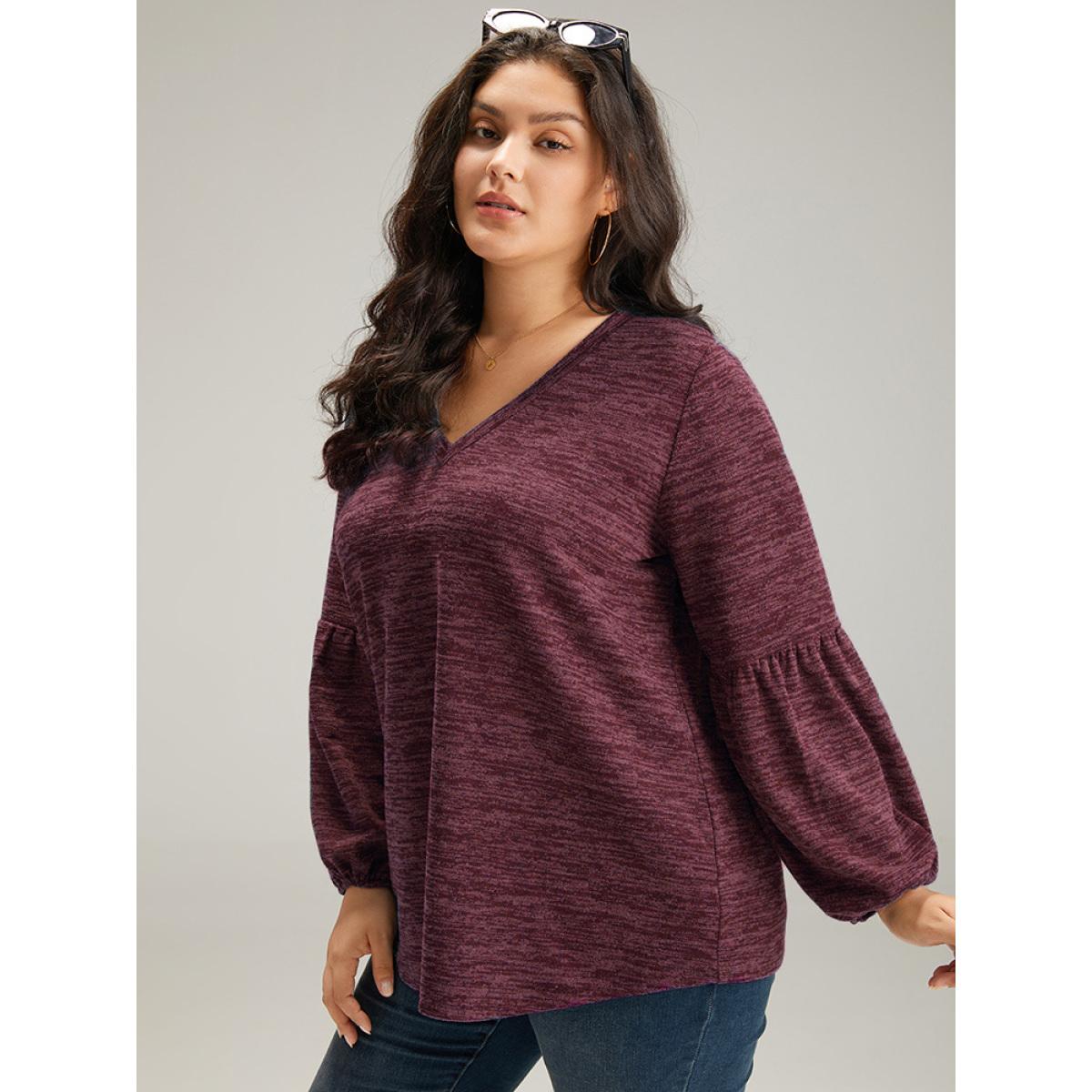 Plus Size Heather V Neck Lantern Sleeve Sweatshirt Women Cyan Casual Elastic cuffs V-neck Dailywear Sweatshirts BloomChic 10/M Product Image