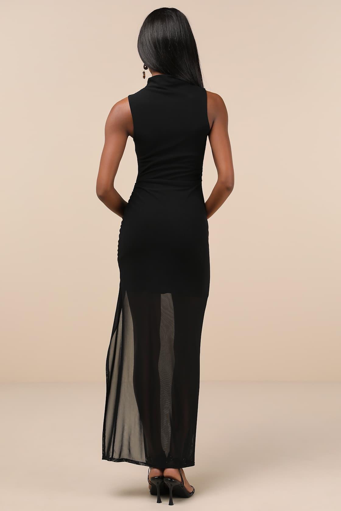 Renowned Glamour Black Mesh Mock Neck Maxi Dress Product Image