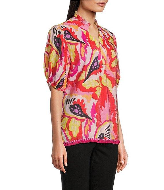 Calessa Petite Size Woven Modern Abstract Print Ruffled Split V-Neck Elbow Sleeve Tunic Product Image