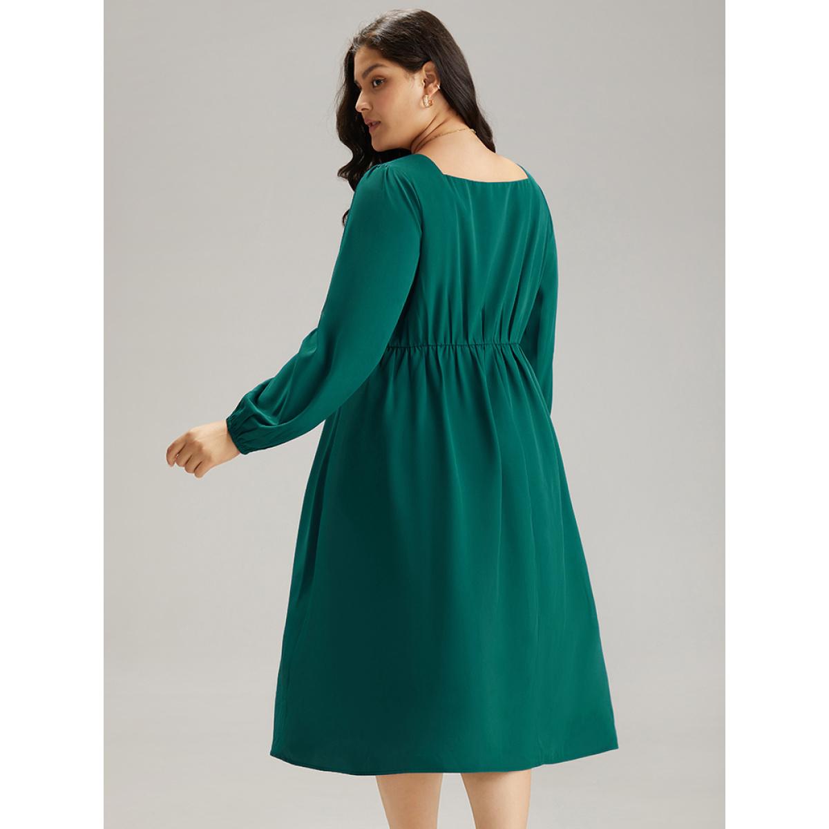 Plus Size Twill Square Neck Button Detail Lantern Sleeve Dress Teal Women Office Elastic cuffs Square Neck Long Sleeve Curvy Midi Dress BloomChic 14-16/1X Product Image