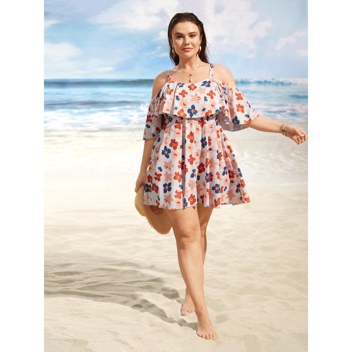 Plus Size Contrast Floral One Shoulder Neck Ruffles Swim Dress Women's Swimwear Beige Beach Bodycon One-shoulder neck High stretch Curve Swim Dresses BloomChic 18-20/2X Product Image