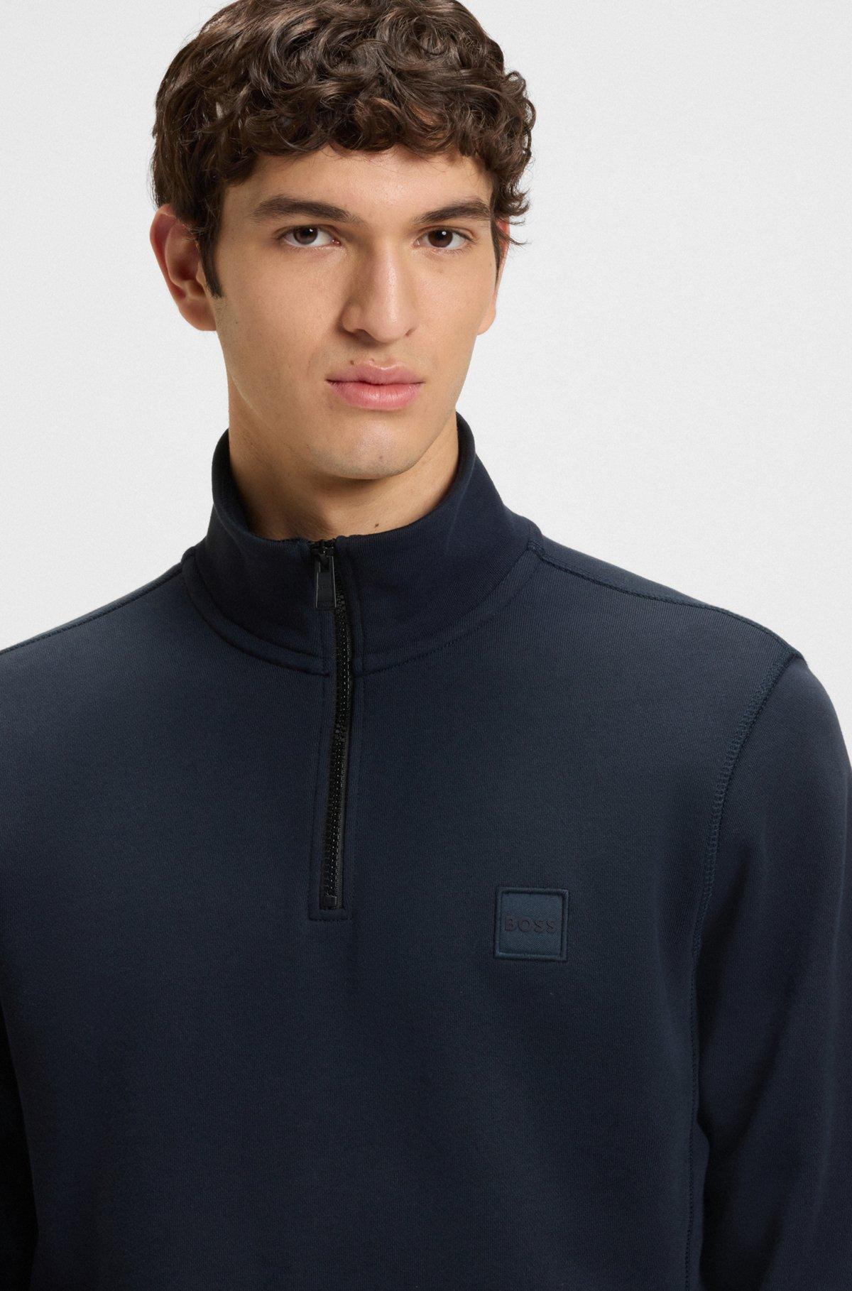 BOSS - Zip-neck sweatshirt in cotton terry with logo patch - Dark Blue Product Image