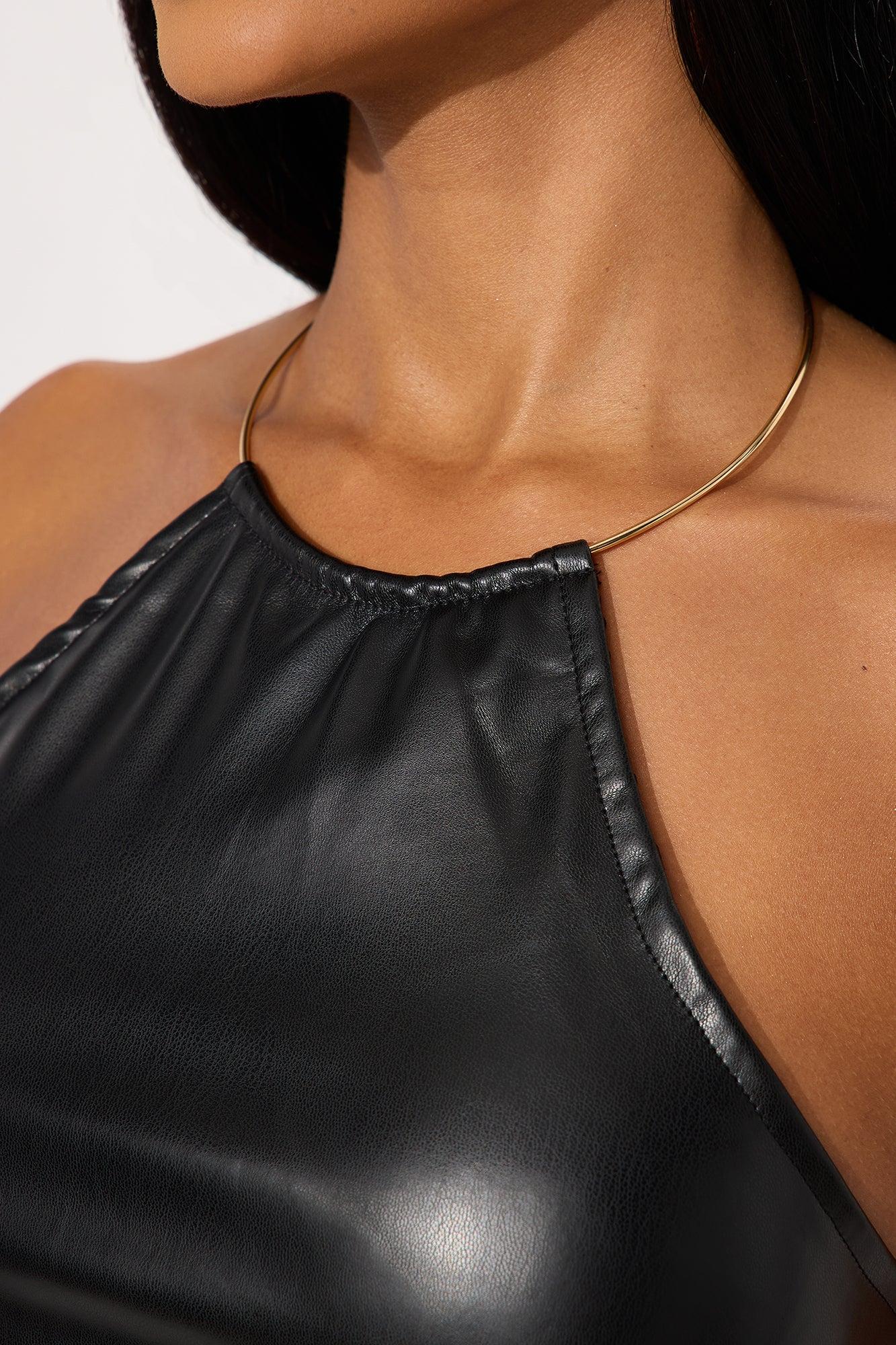 Don't Care Faux Leather Halter Top - Black Female Product Image