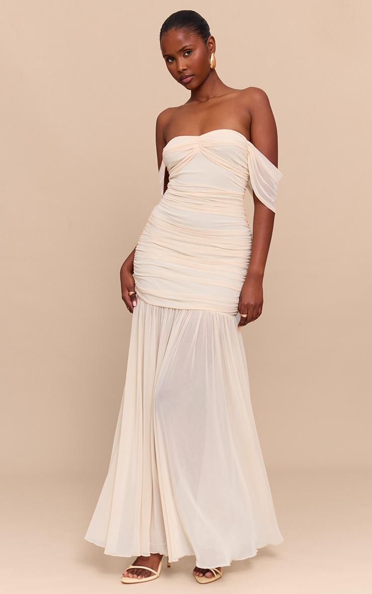 Cream Mesh Bardot Ruched Detail Maxi Dress Product Image