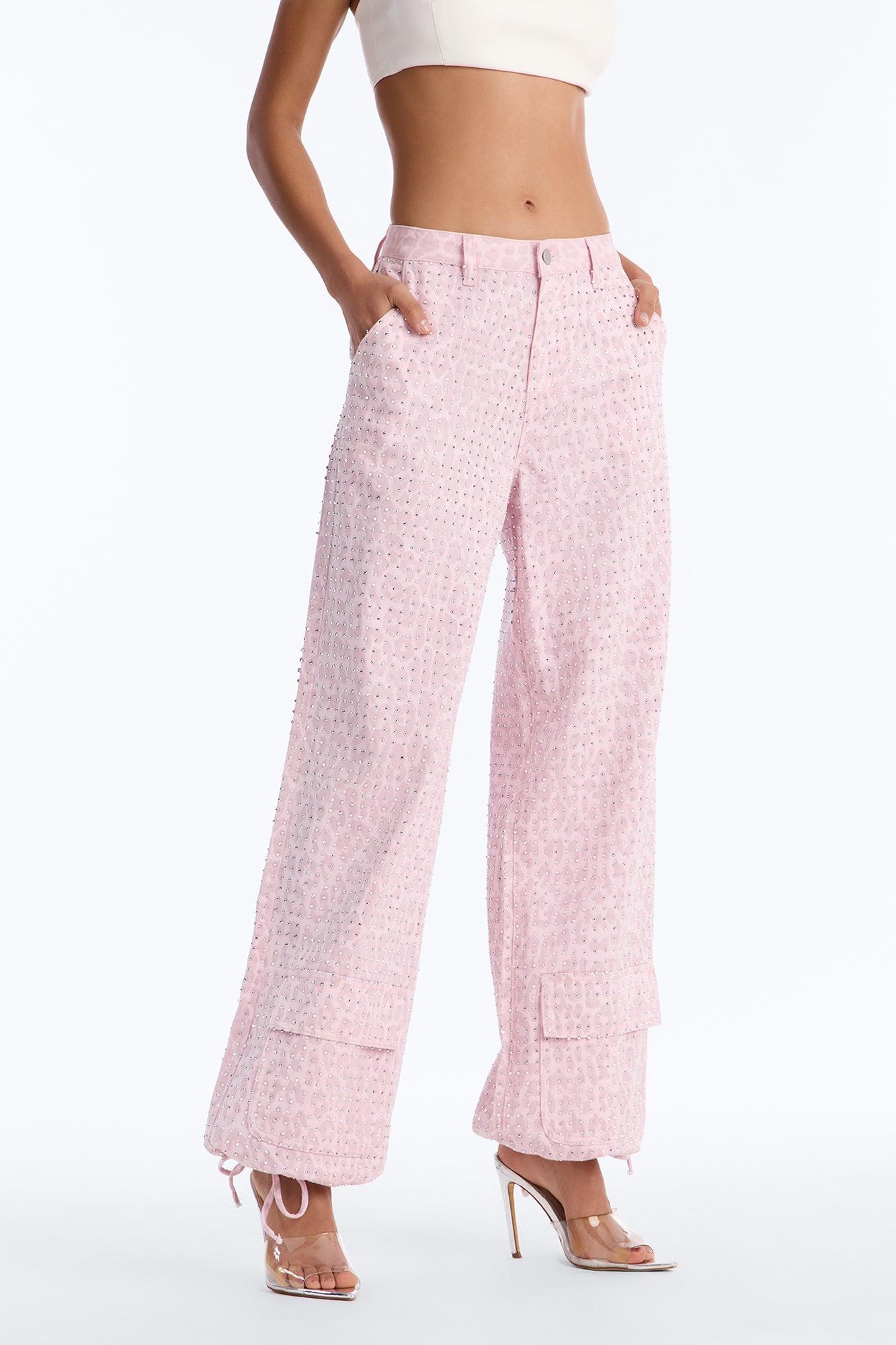 Look Don't Talk Embellished Leopard Jogger Pant - Pink Female Product Image