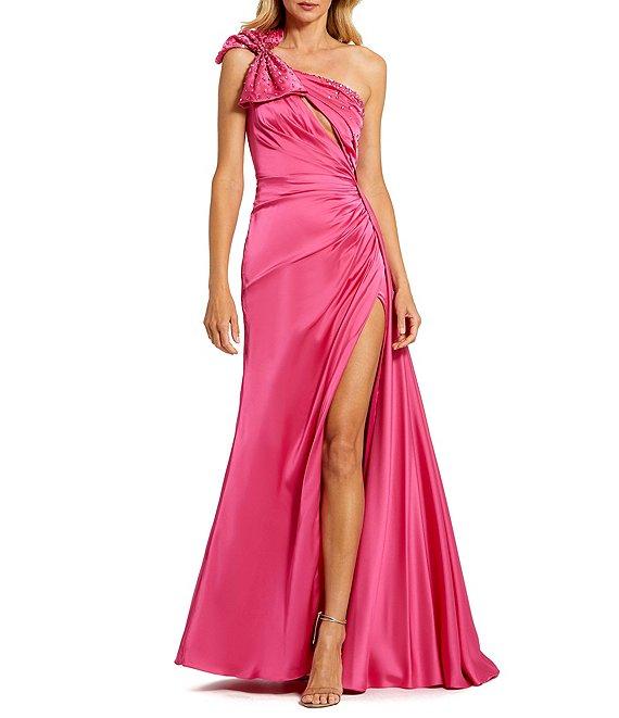 Mac Duggal One Shoulder Beaded Bow Ruched Satin Column Gown Product Image