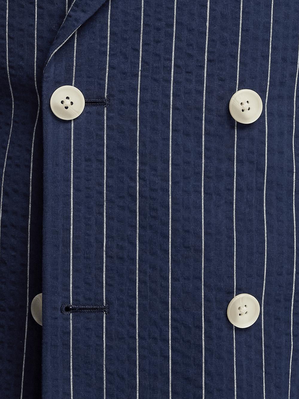 Cotton Stretch Pinstripe Seersucker Double Breasted Peak Lapel Suit Jacket - Navy Product Image