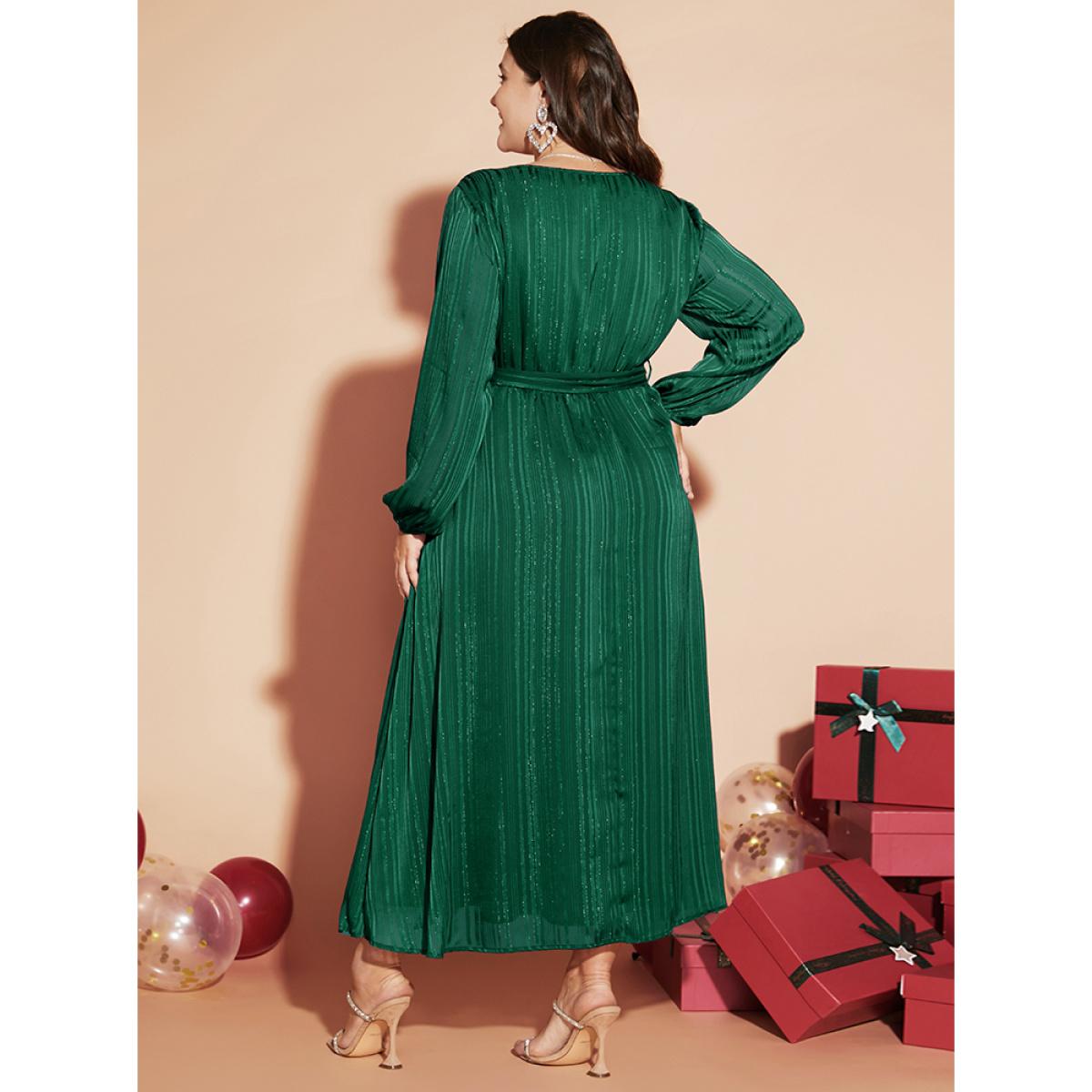 Plus Size Solid Pocket Lantern Sleeve Belted Sequin Dress Green Women Party Pocket V-neck Long Sleeve Curvy Long Dress BloomChic 22-24/3X Product Image