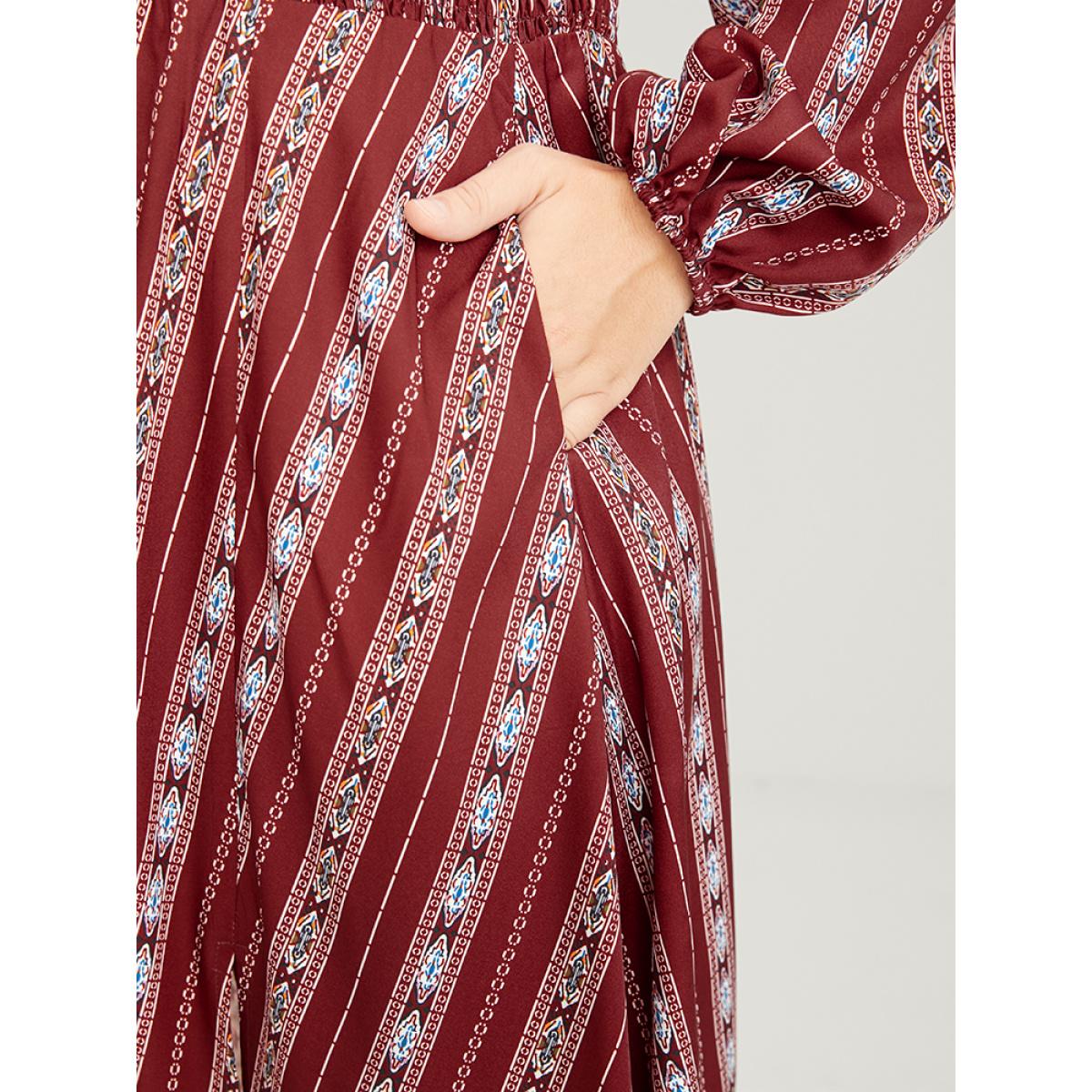 Plus Size Striped Geometric Pocket Lantern Sleeve Shirred Split Dress Red Women Elegant V-neck Long Sleeve Curvy Long Dress BloomChic 26/4X Product Image