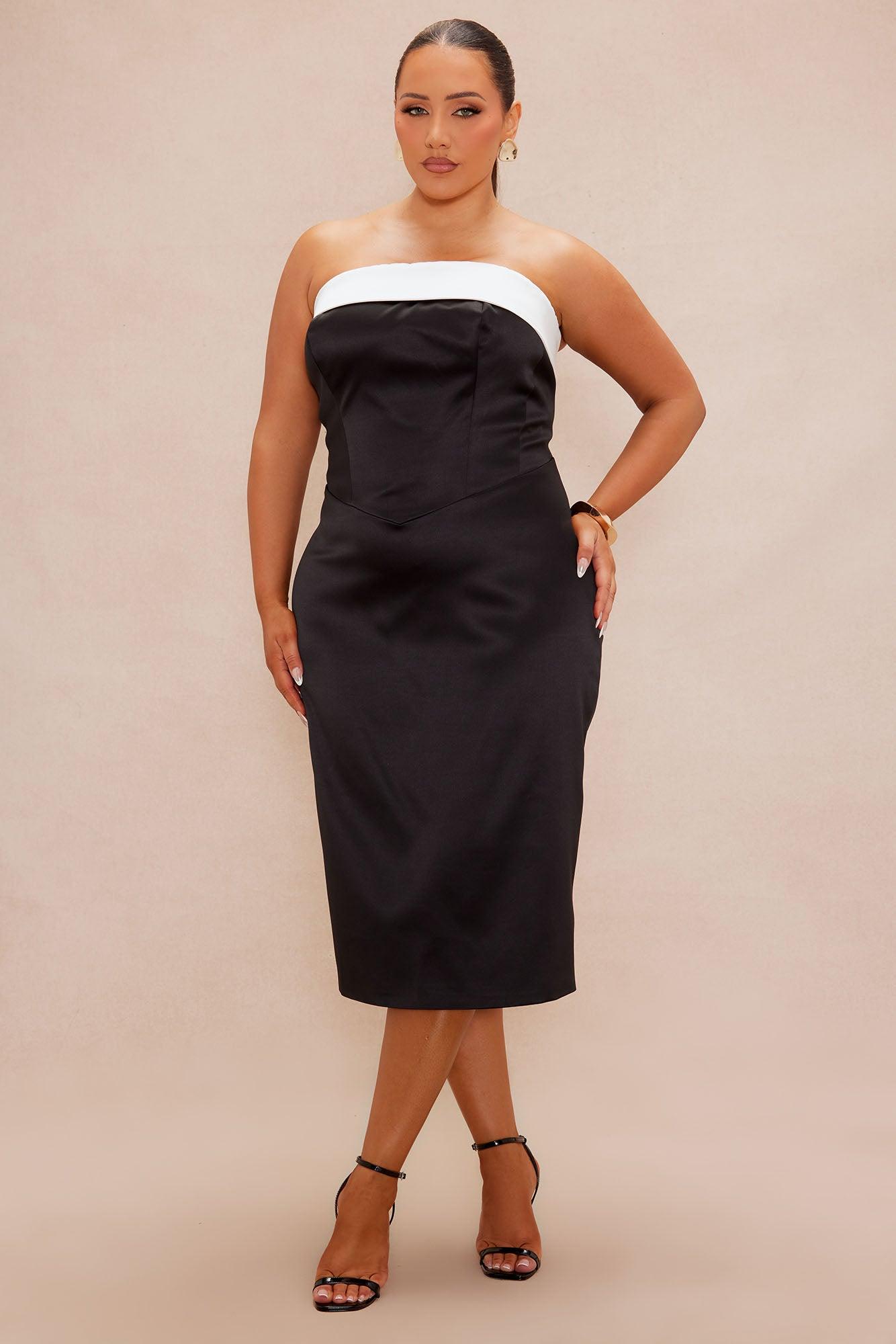 Emily Satin Midi Dress - Black/White Product Image