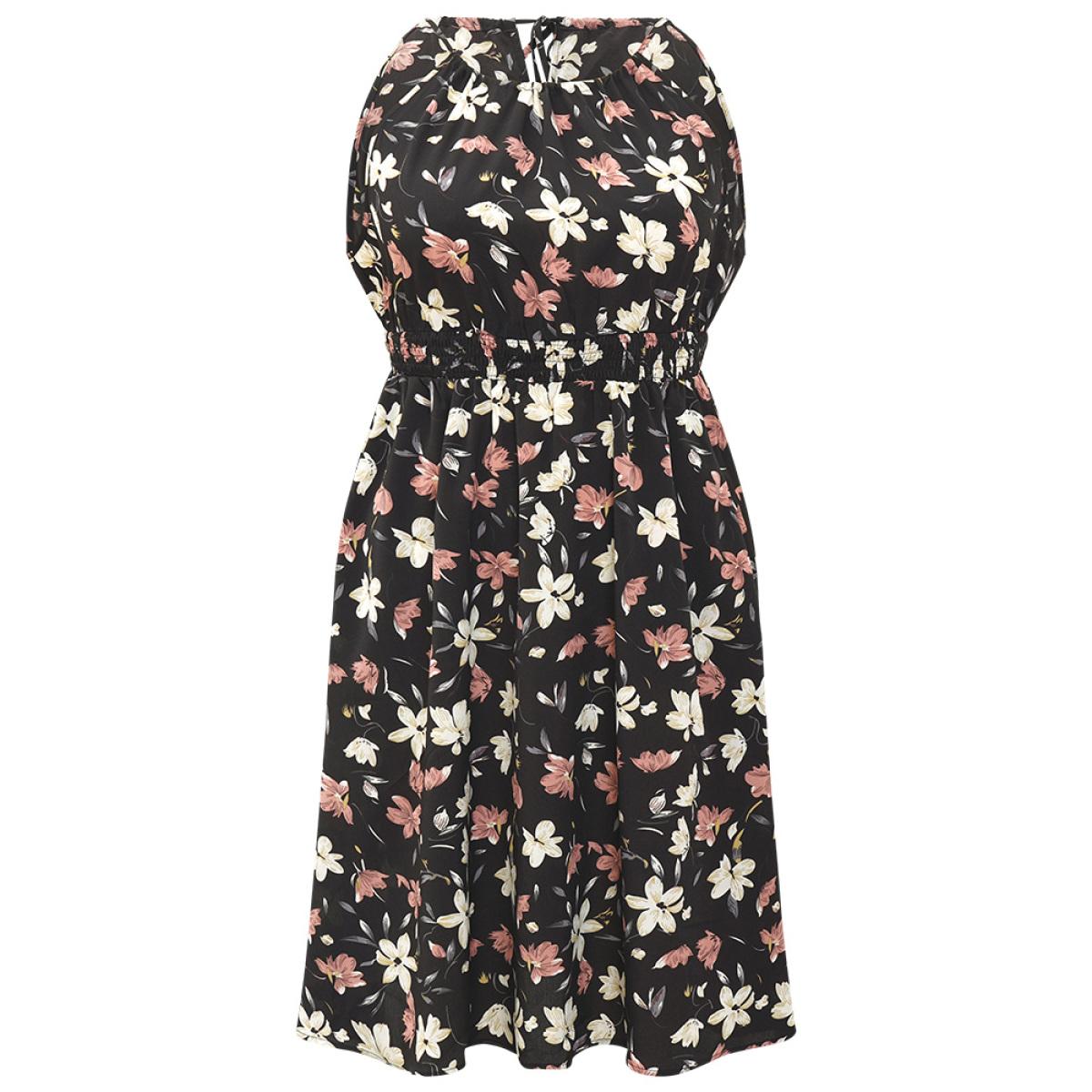 Plus Size Floral Print Halter Shirred Pocket Ruffle Hem Dress BlackFlower Women Elegant Knotted Cold Shoulder Sleeveless Curvy Knee Dress BloomChic 10/M Product Image