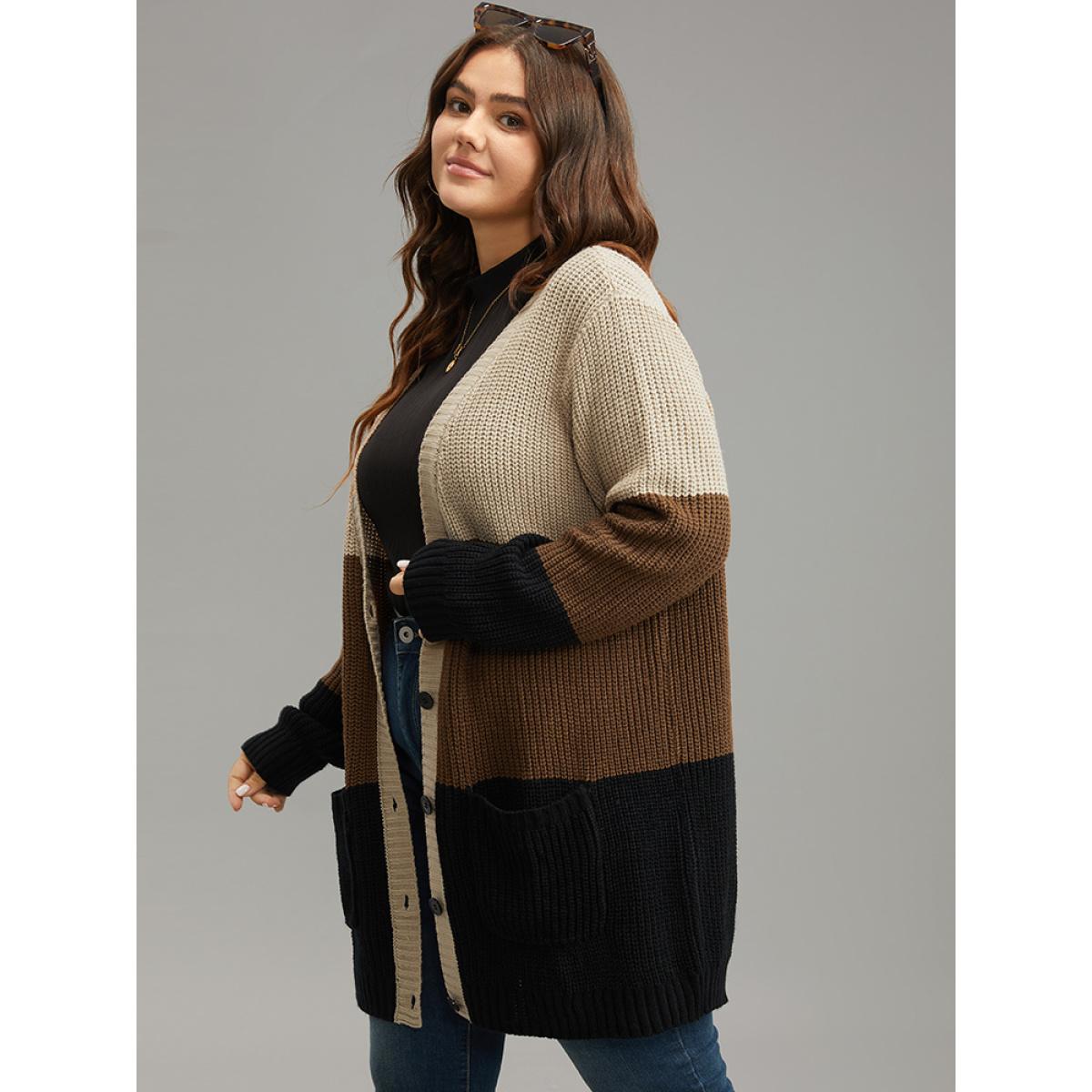 Plus Size Contrast Button Through Patched Pocket Cardigan Multicolor Women Casual Loose Long Sleeve Dailywear Cardigans BloomChic 30/6X Product Image