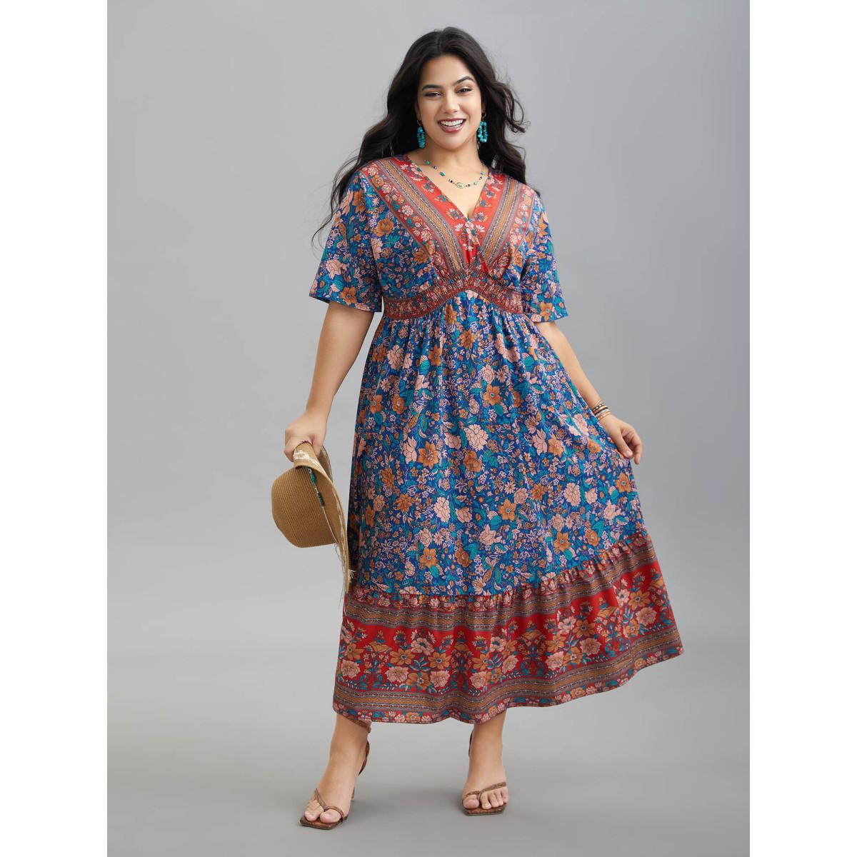 Plus Size Boho Print Ruffled Shirred V-Neck Maxi Dress Mediumblue Women Resort Shirred Overlap Collar Half Sleeve Curvy BloomChic 18-20/2X Product Image