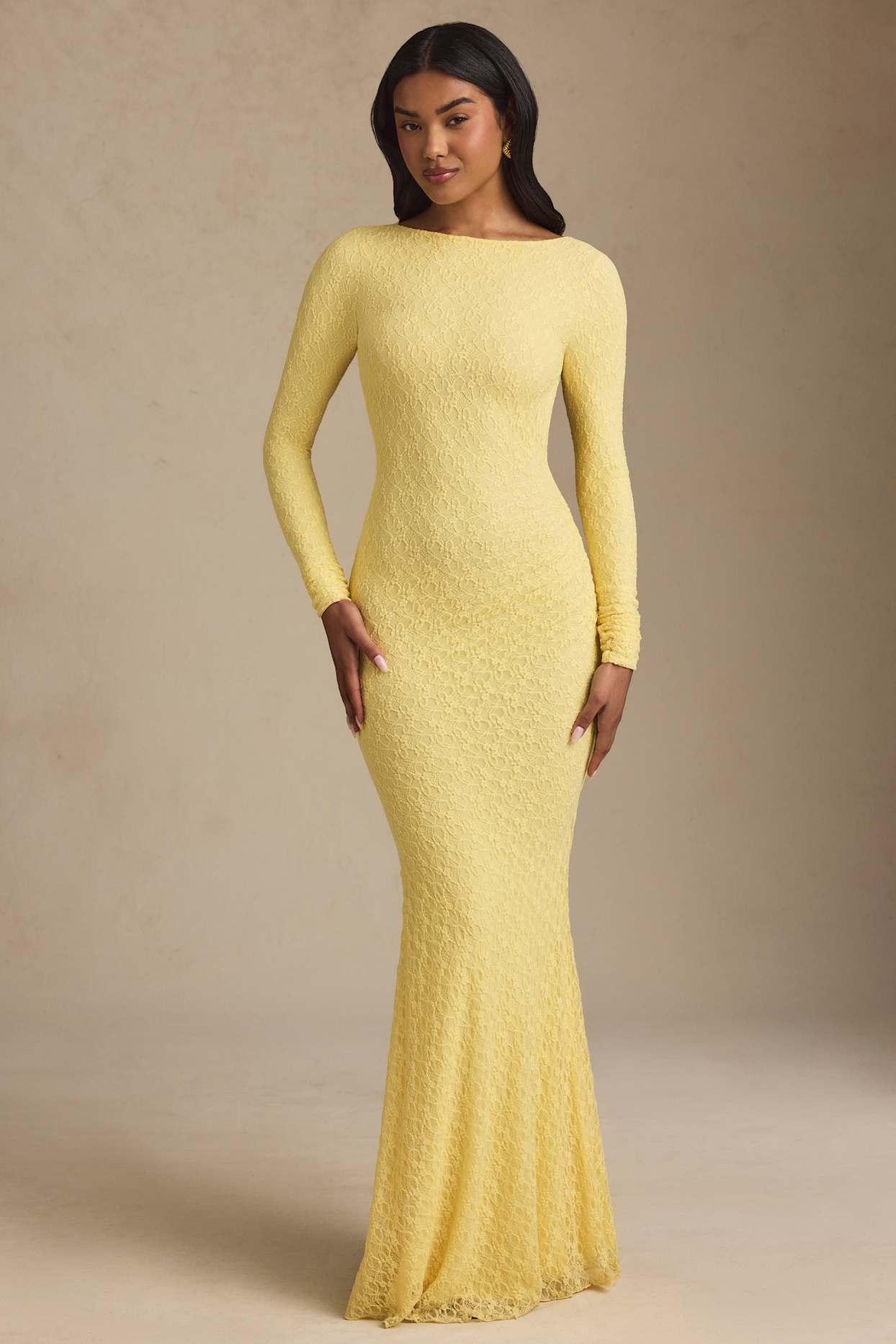Ruched Backless Lace Maxi Dress in Pastel Yellow Product Image