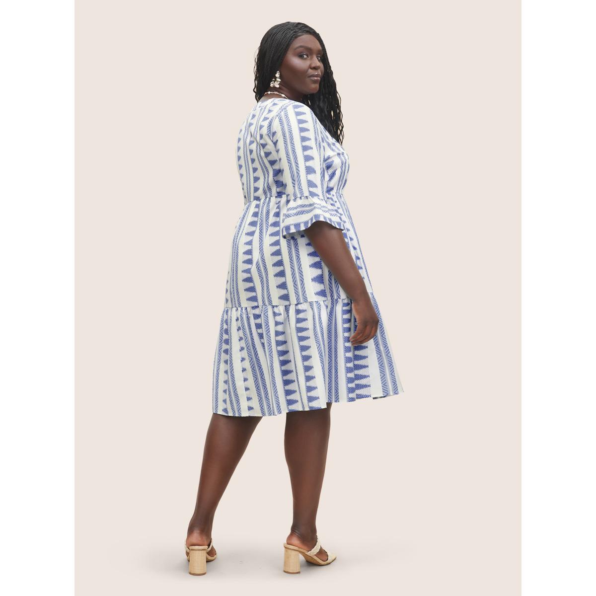 Plus Size Bandana Geometric Notched Ruffle Layered Hem Dress LightBlue Women Resort Non Notched collar Elbow-length sleeve Curvy Midi Dress BloomChic 28/5X Product Image