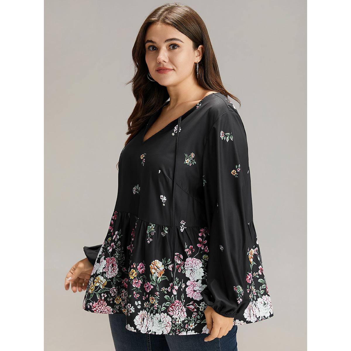 Plus Size BlackFlower Floral Print Tie Neck Blouse Women Elegant Long Sleeve V-neck Dailywear Blouses BloomChic 18-20/2X Product Image