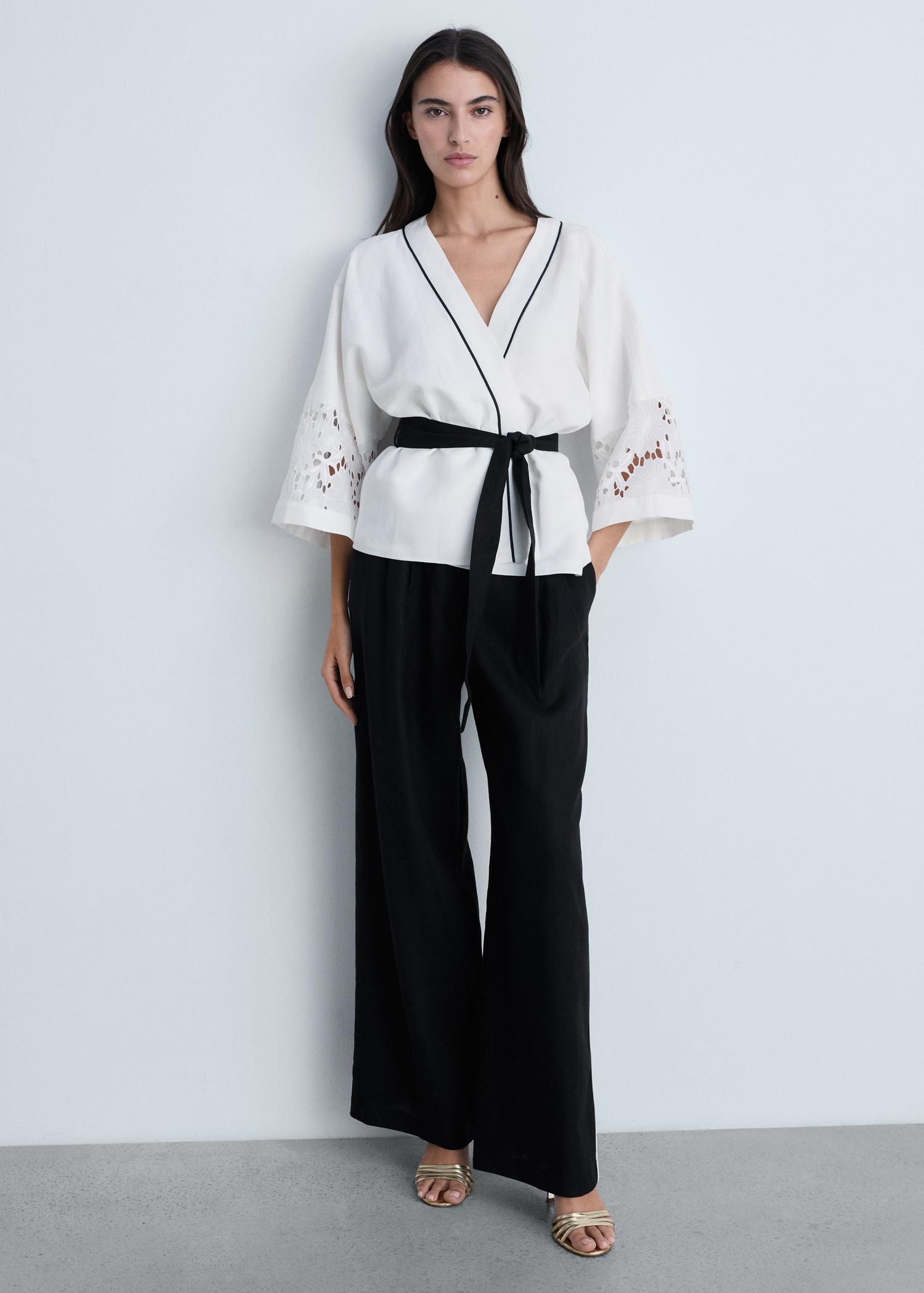 Linen-blend caftan with openwork details - Women | MANGO USA Product Image